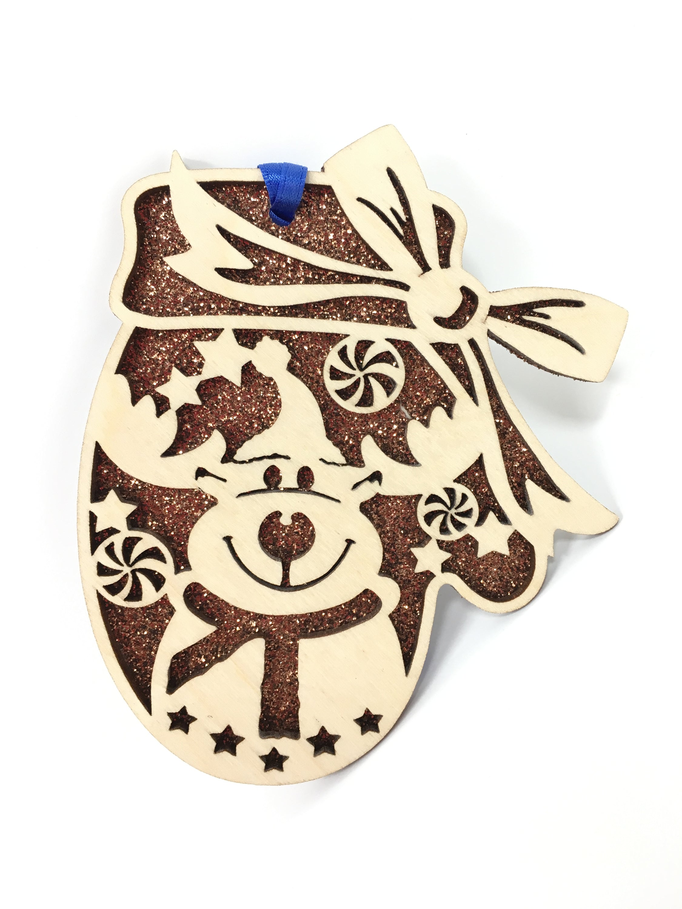 A beautifully crafted Reindeer Mitten ornament made from premium Baltic Birch wood, featuring intricate laser-cut details.