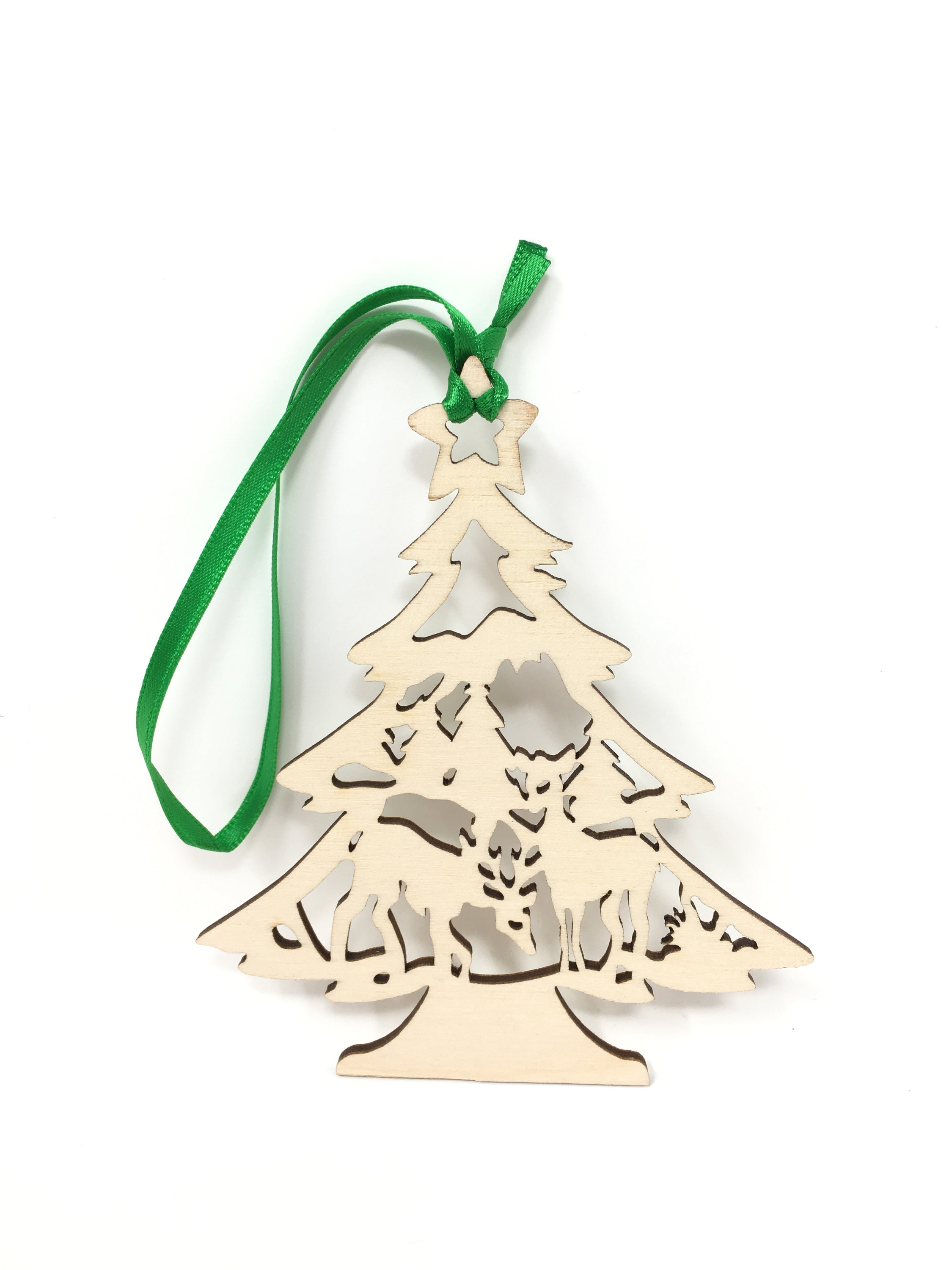 A beautifully crafted Reindeer Tree ornament made from premium Baltic Birch wood, featuring intricate laser-cut details and a charming design.