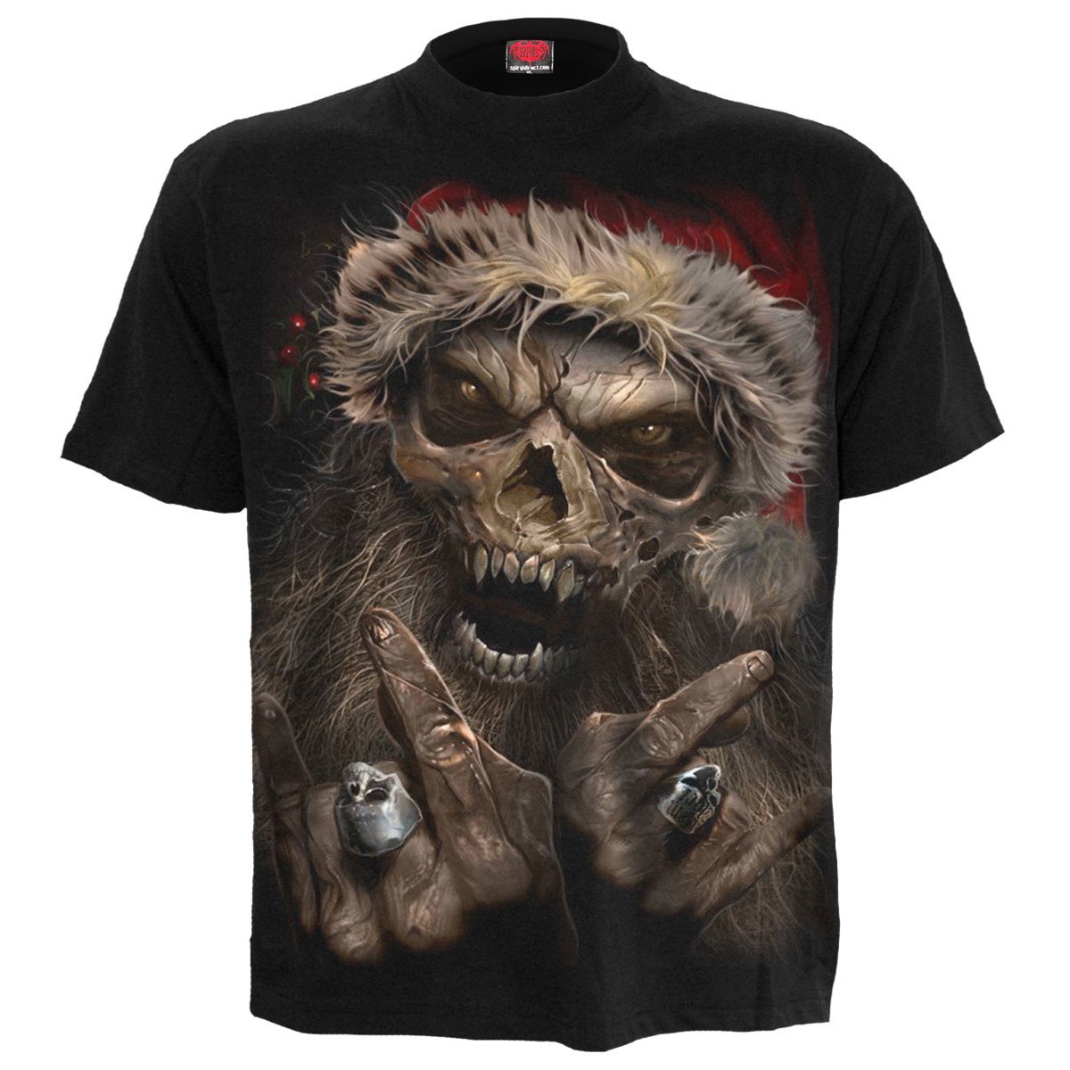 ROCK SANTA T-Shirt Black featuring a zombie Santa Claus design, made from 100% cotton with a comfortable fit.