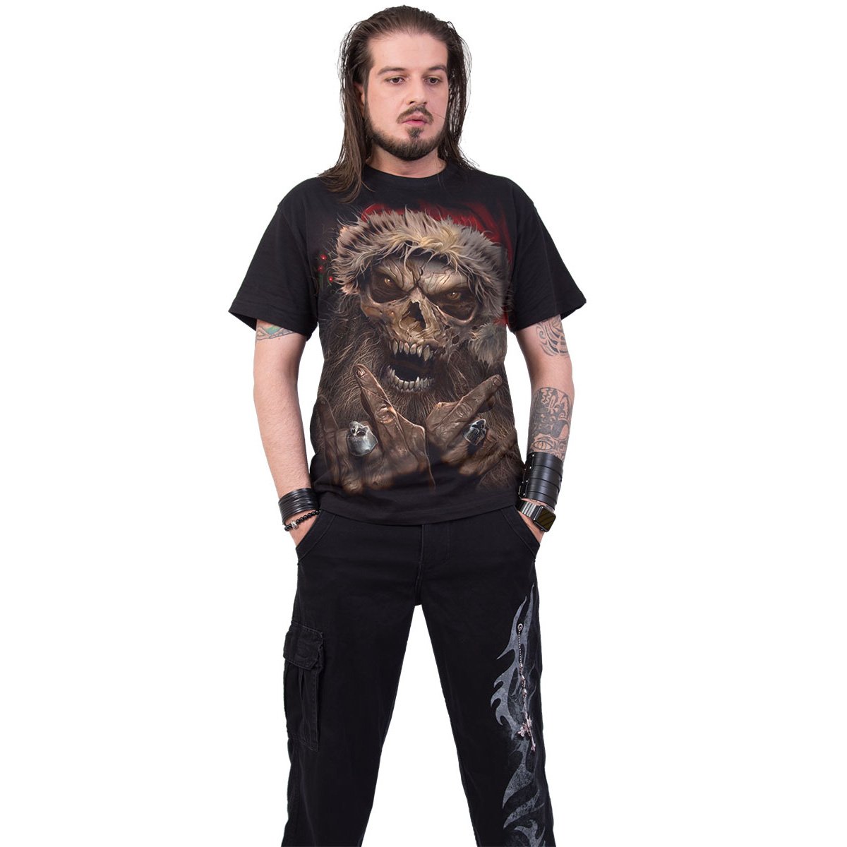 ROCK SANTA T-Shirt Black featuring a zombie Santa Claus design, made from 100% cotton with a comfortable fit.