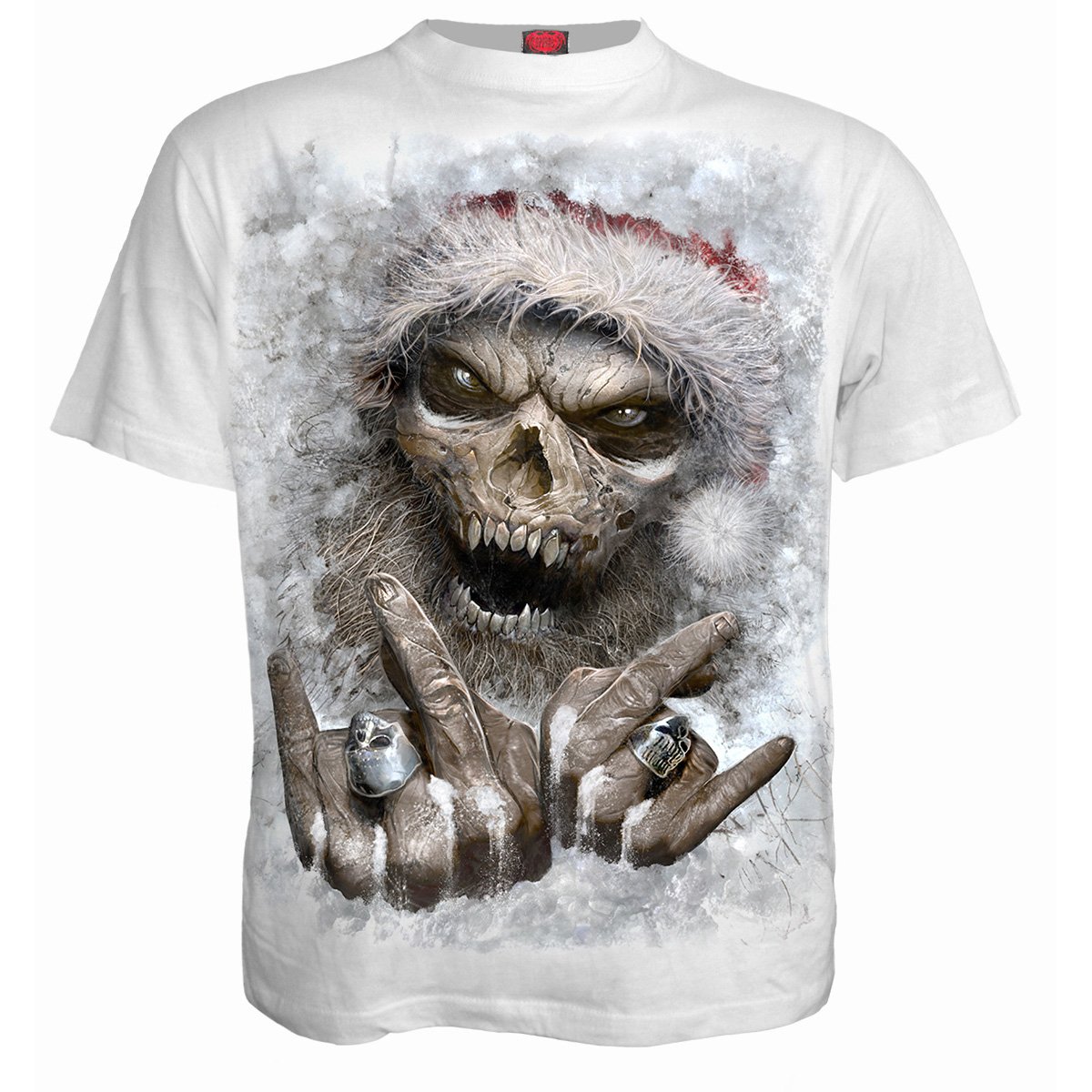 ROCK SANTA T-Shirt in white featuring a zombie Santa Claus design, made from 100% cotton with a comfortable fit.