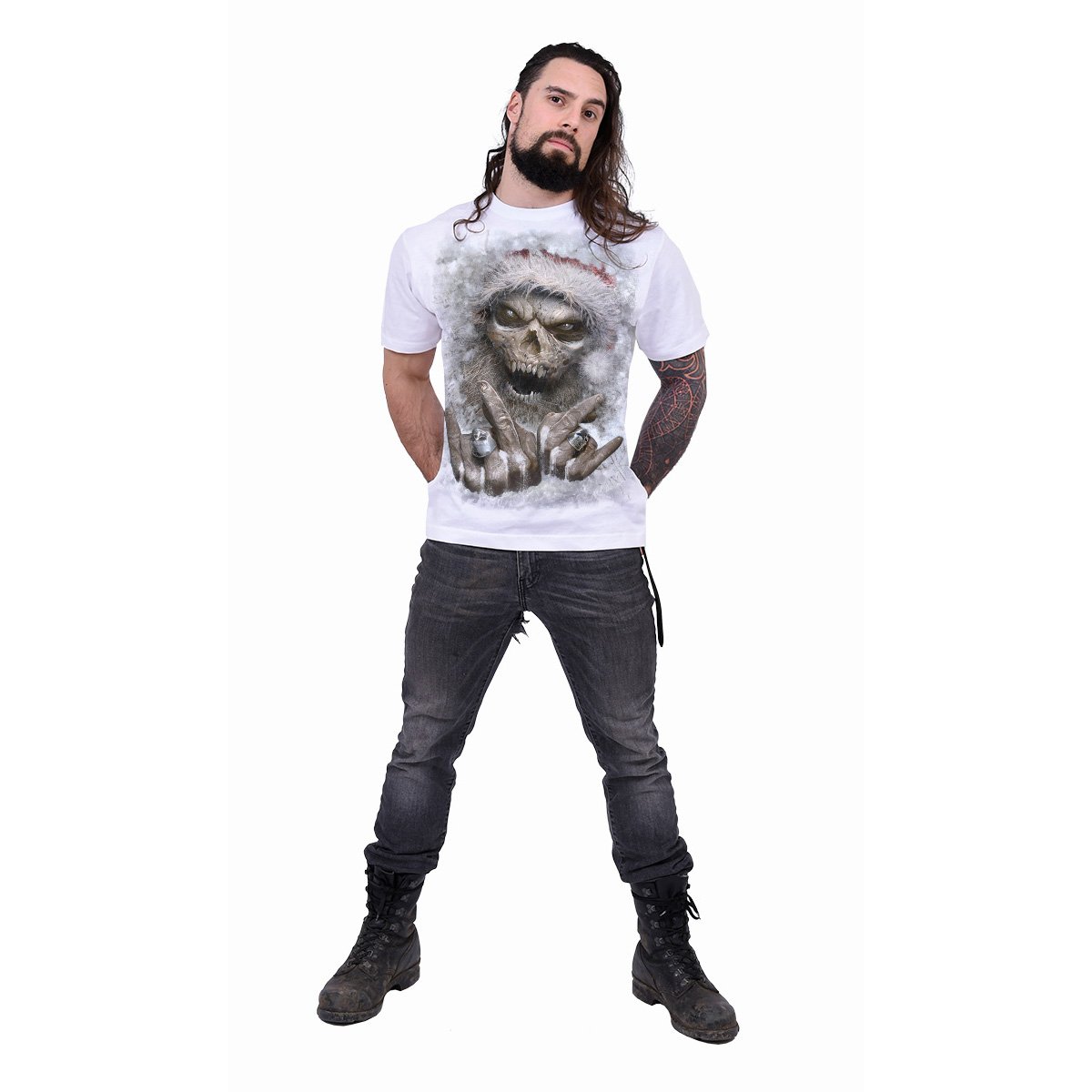 ROCK SANTA T-Shirt in white featuring a zombie Santa Claus design, made from 100% cotton with a comfortable fit.