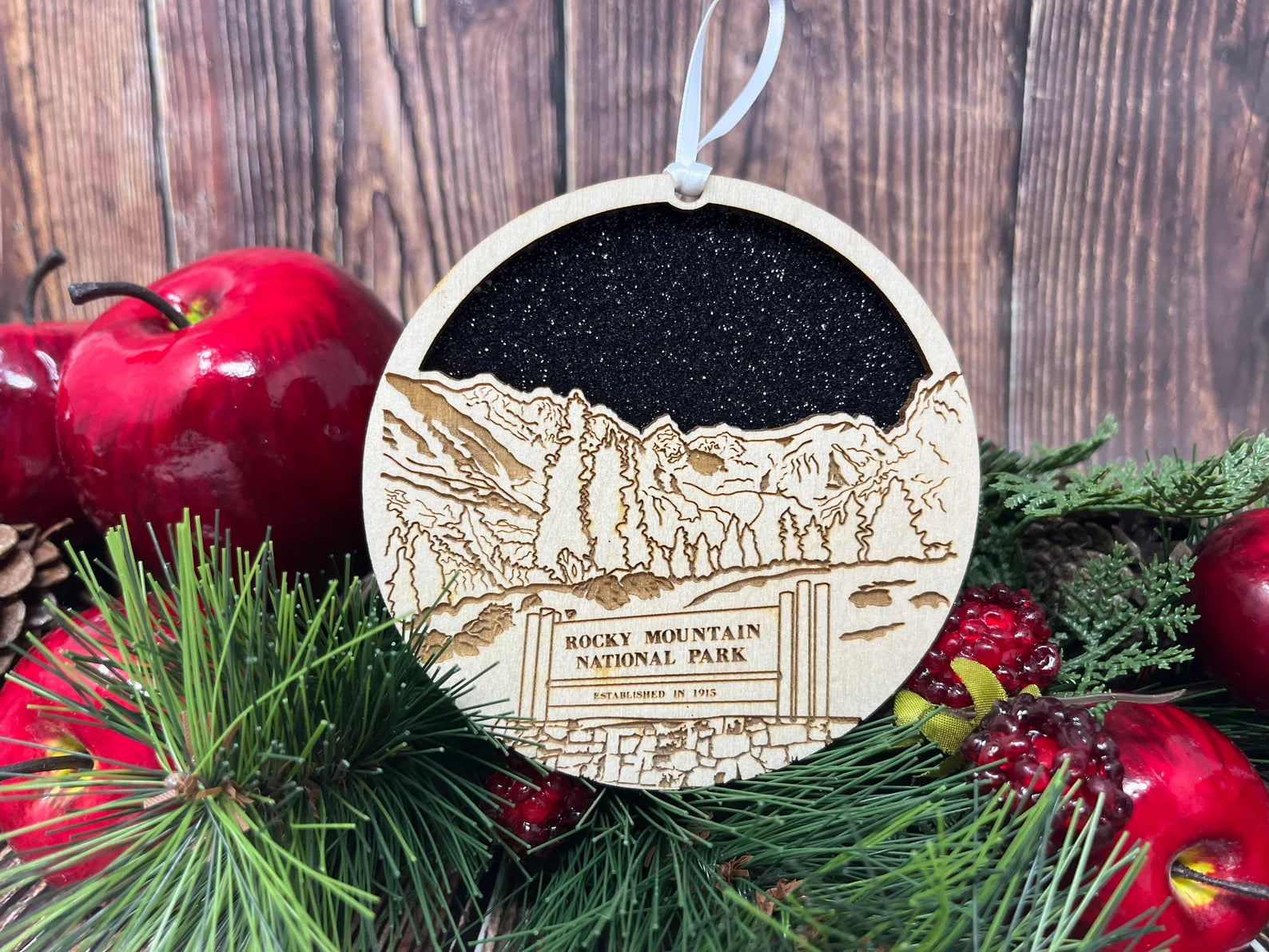 Rocky Mountain National Park Ornament made from premium Baltic birch wood, showcasing intricate skyline design.