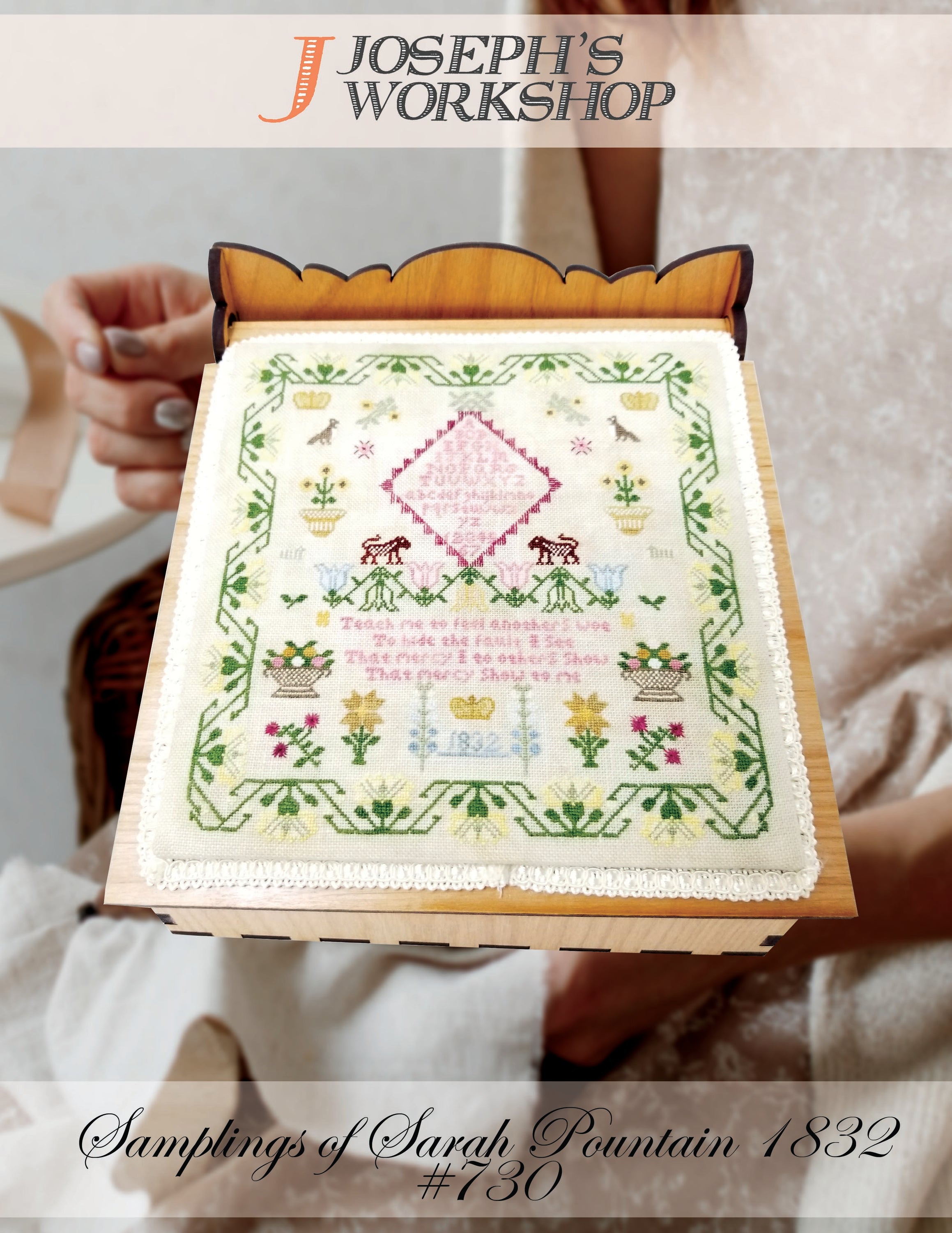 A beautifully stitched sampler pattern inspired by Sarah Pountain, featuring intricate designs and a meaningful verse.