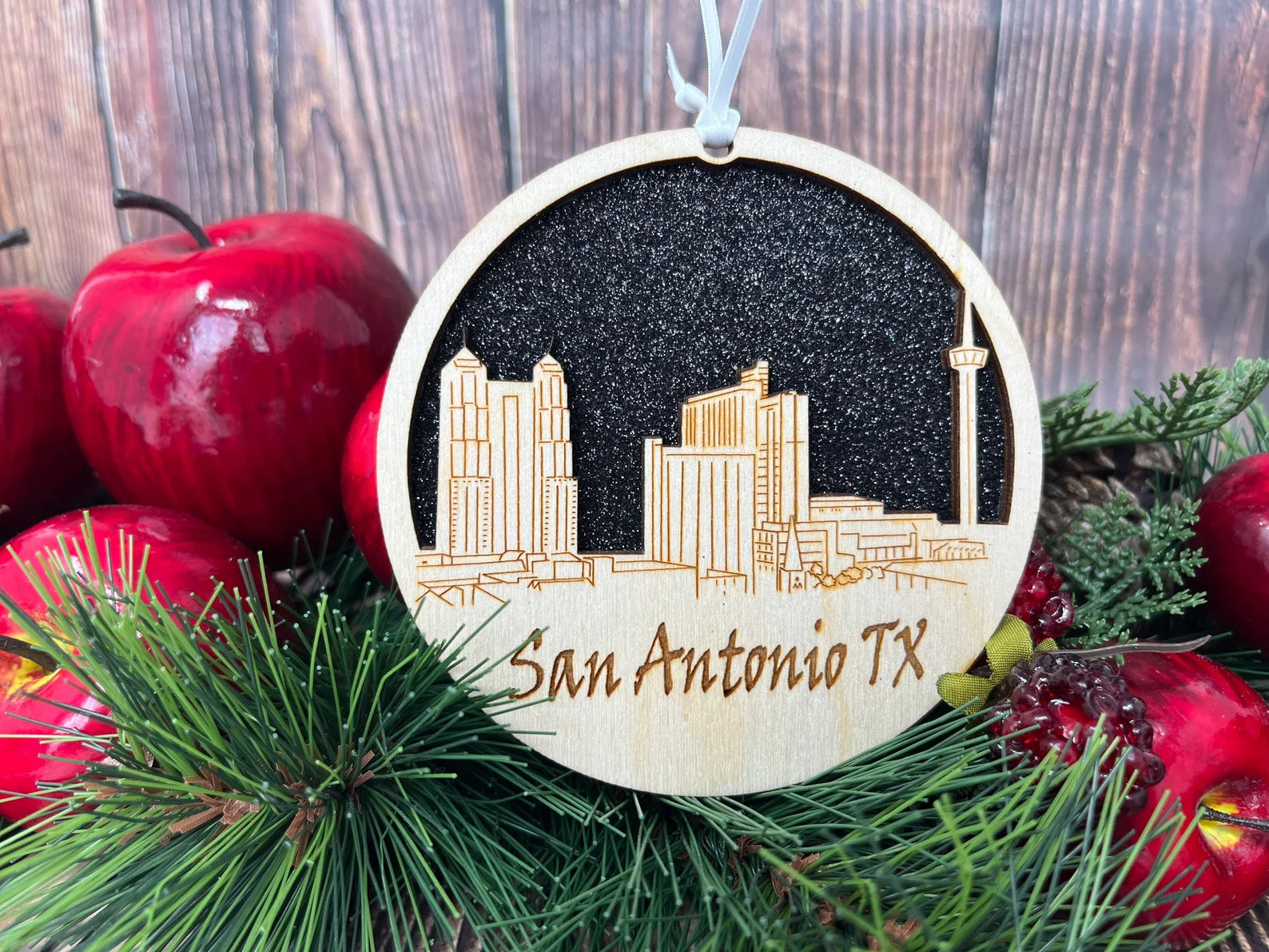 San Antonio Skyline Ornament made from premium Baltic birch wood, showcasing the city's skyline design.