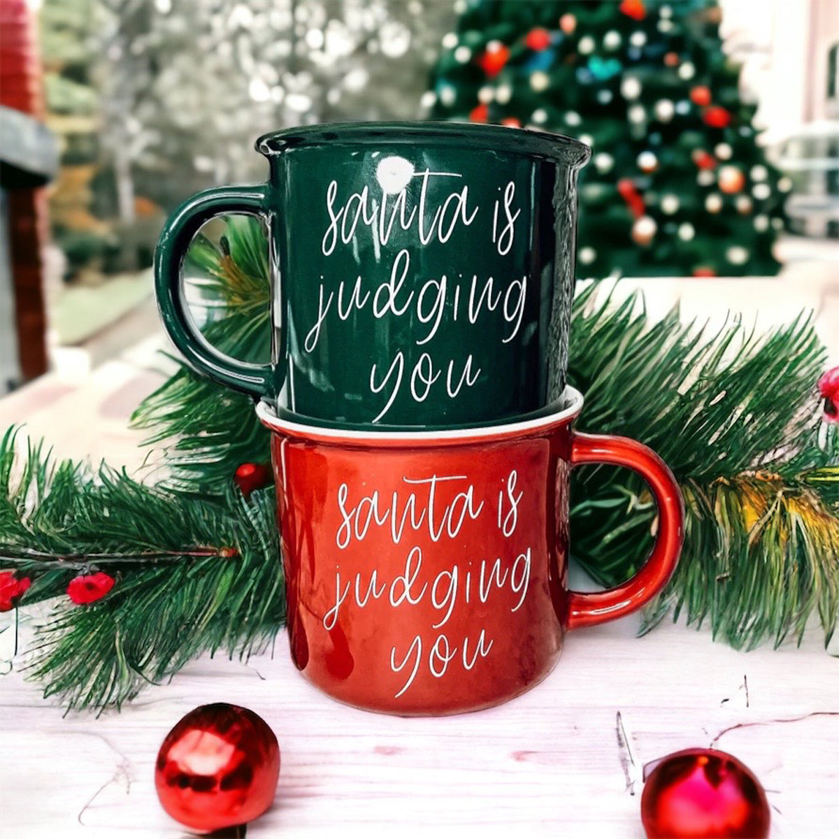 A festive ceramic mug featuring a humorous Santa design, available in red or green, perfect for holiday beverages.