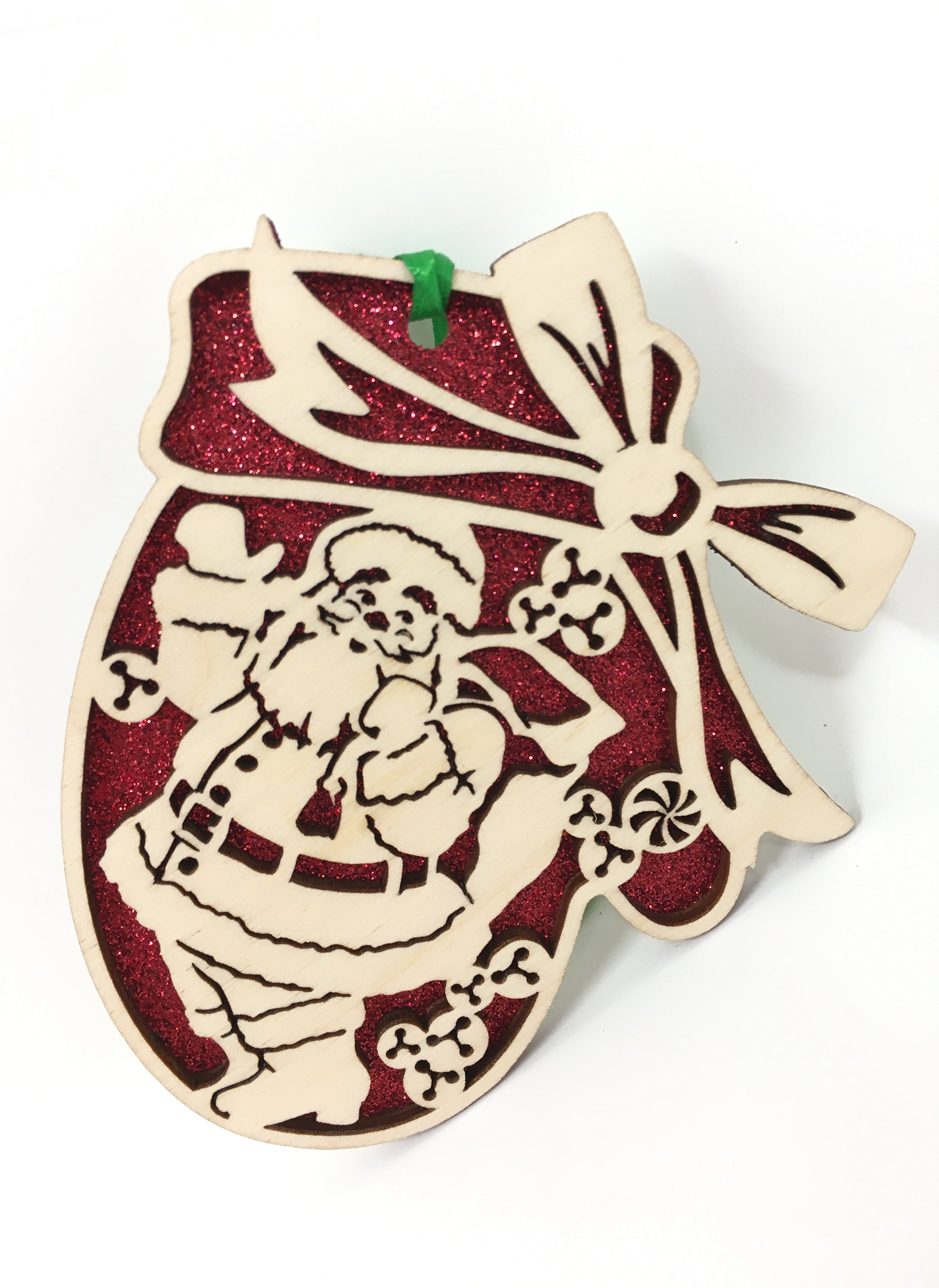 A beautifully crafted Santa Mitten Ornament made from premium Baltic Birch wood, featuring intricate laser-cut designs.