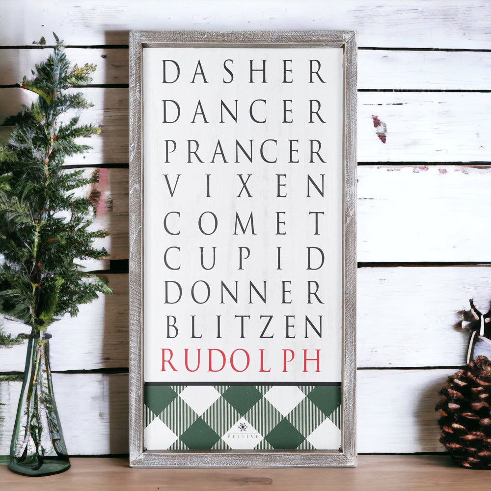 Santa's Reindeer Sign featuring names of reindeer with Rudolph's name in red and a classic plaid design.