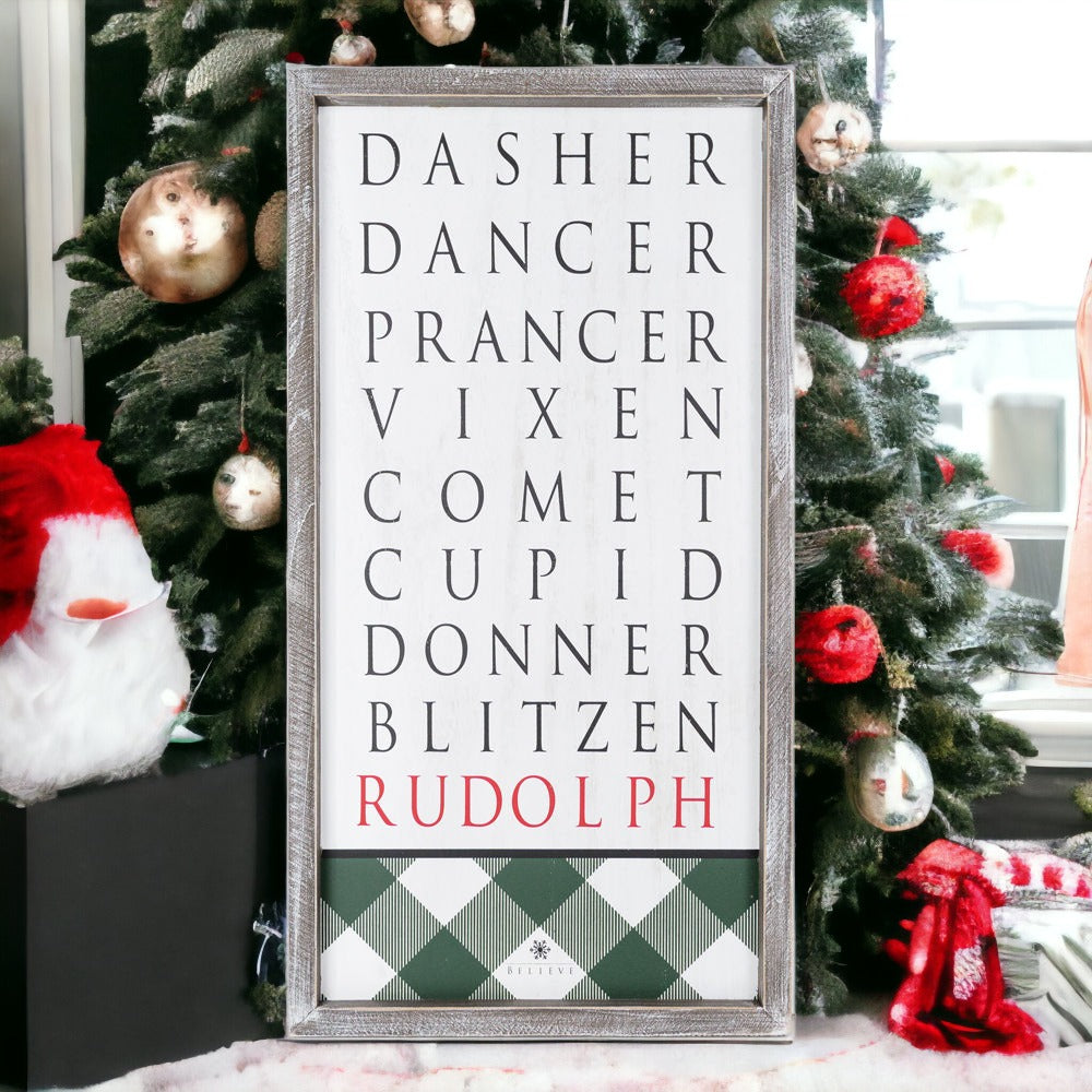 Santa's Reindeer Sign featuring names of reindeer with Rudolph's name in red and a classic plaid design.