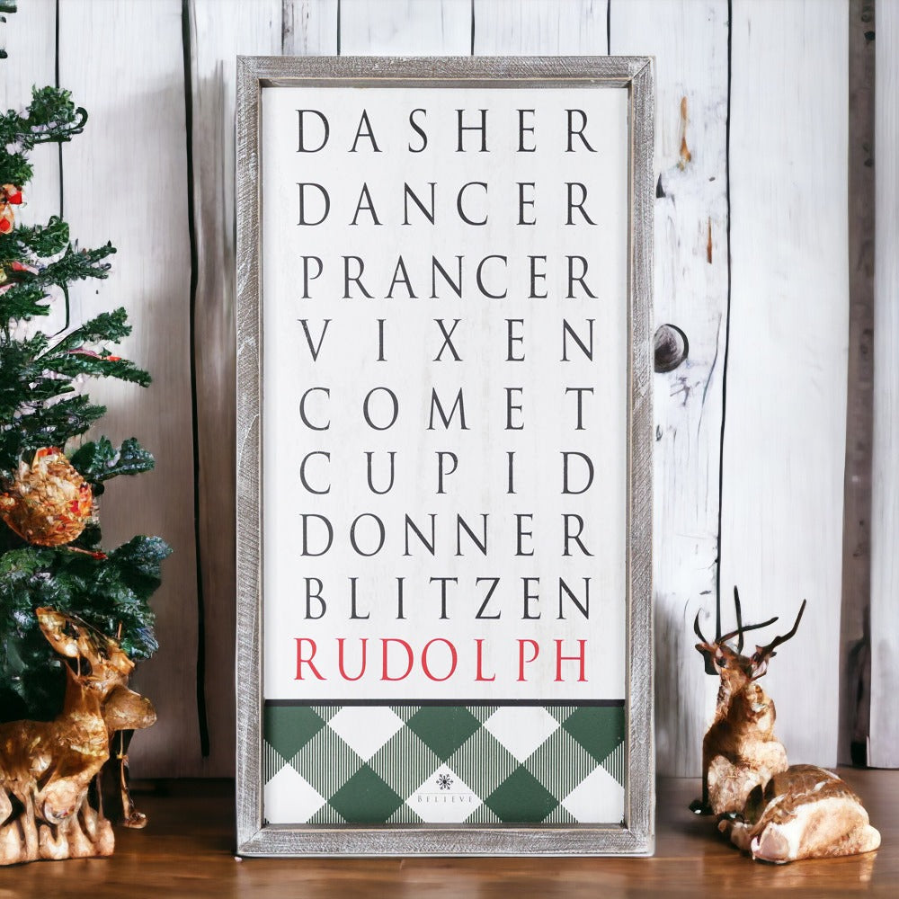 Santa's Reindeer Sign featuring names of reindeer with Rudolph's name in red and a classic plaid design.