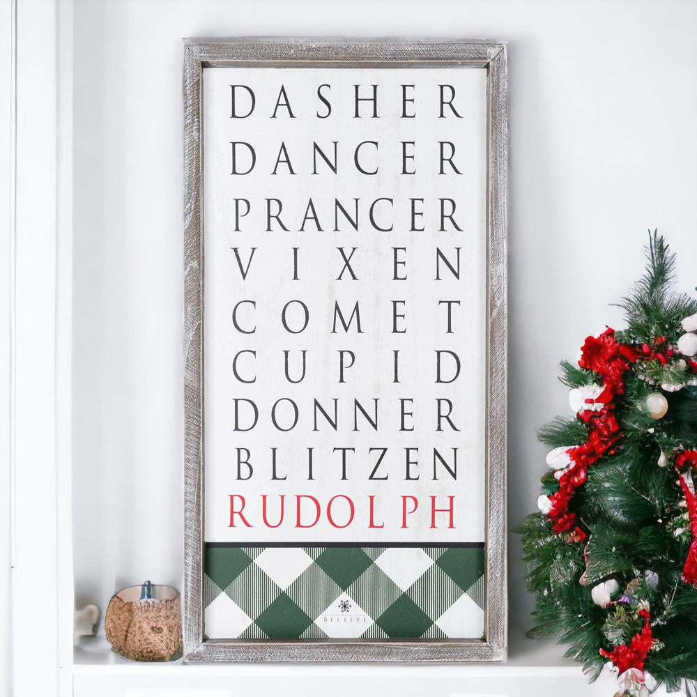 Santa's Reindeer Sign featuring names of reindeer with Rudolph's name in red and a classic plaid design.