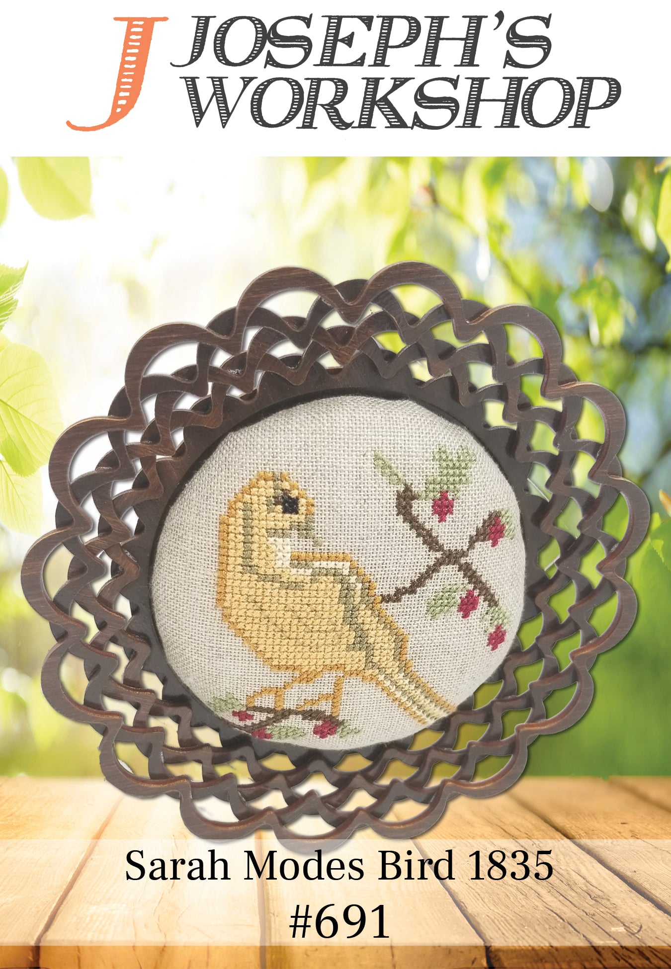 Sarah Modes Bird 1835 cross-stitch design on 28 ct linen raw fabric featuring a charming bird motif.