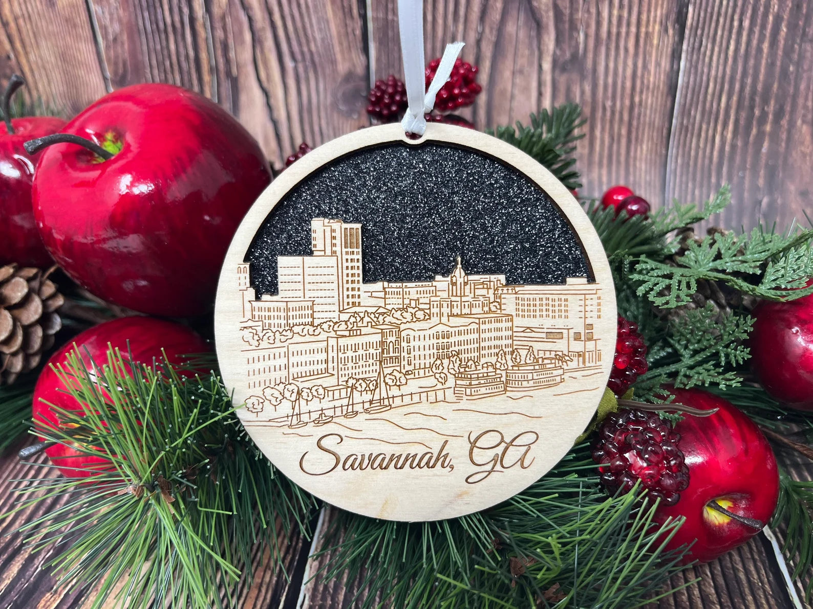 Savannah Skyline Ornament made from premium Baltic birch wood, showcasing intricate city skyline design.