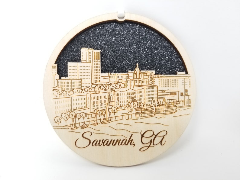 Savannah Skyline Ornament made from premium Baltic birch wood, showcasing intricate city skyline design.