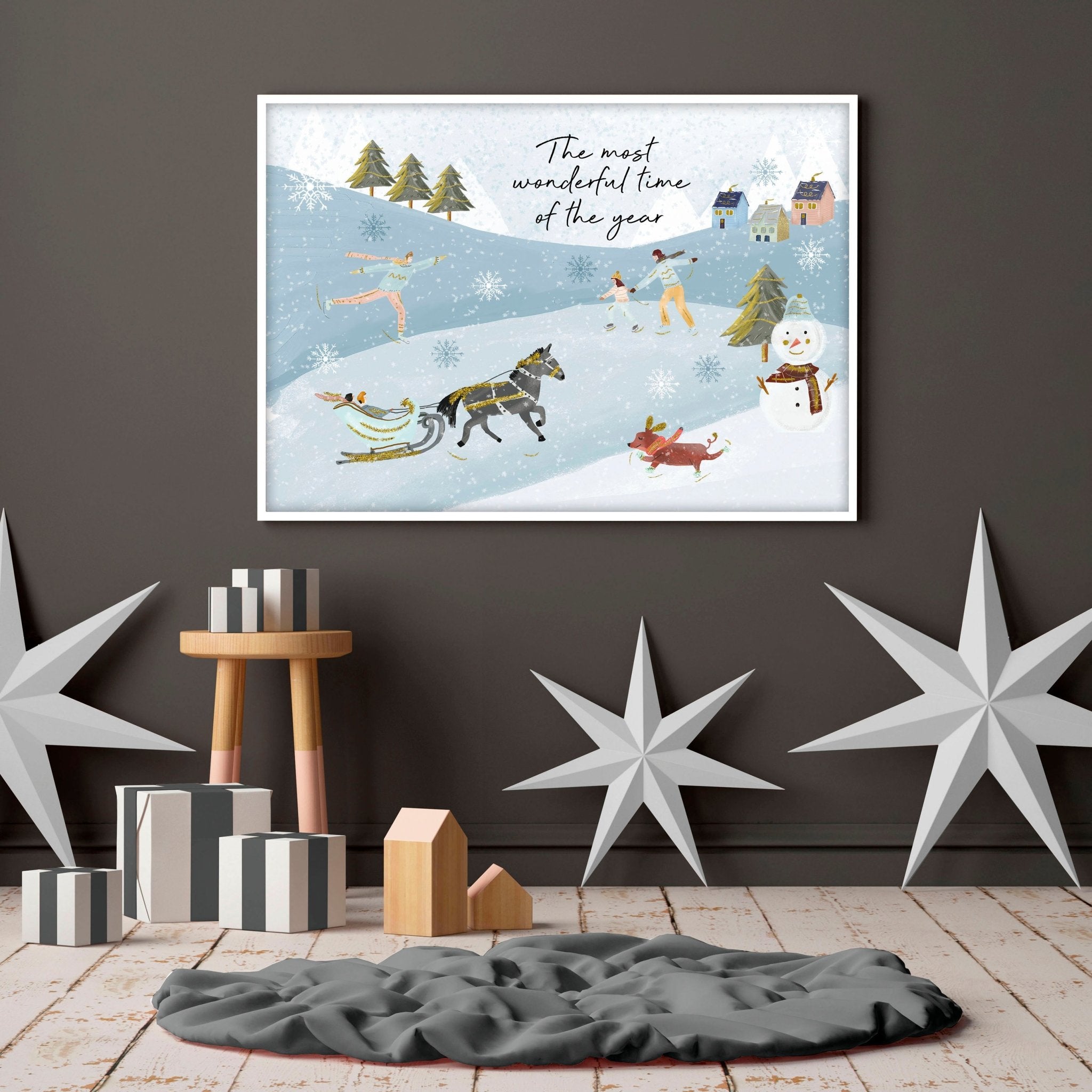 A beautiful Scandi Christmas decor wall art print featuring a serene watercolour landscape with snowy mountains and festive activities.