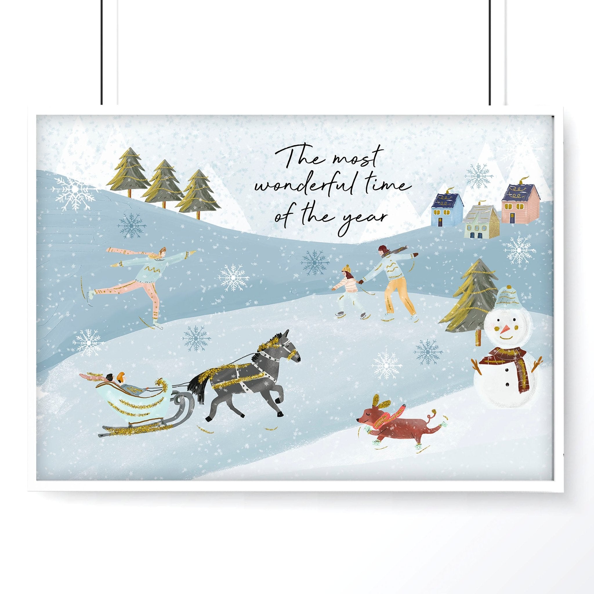 A beautiful Scandi Christmas decor wall art print featuring a serene watercolour landscape with snowy mountains and festive activities.