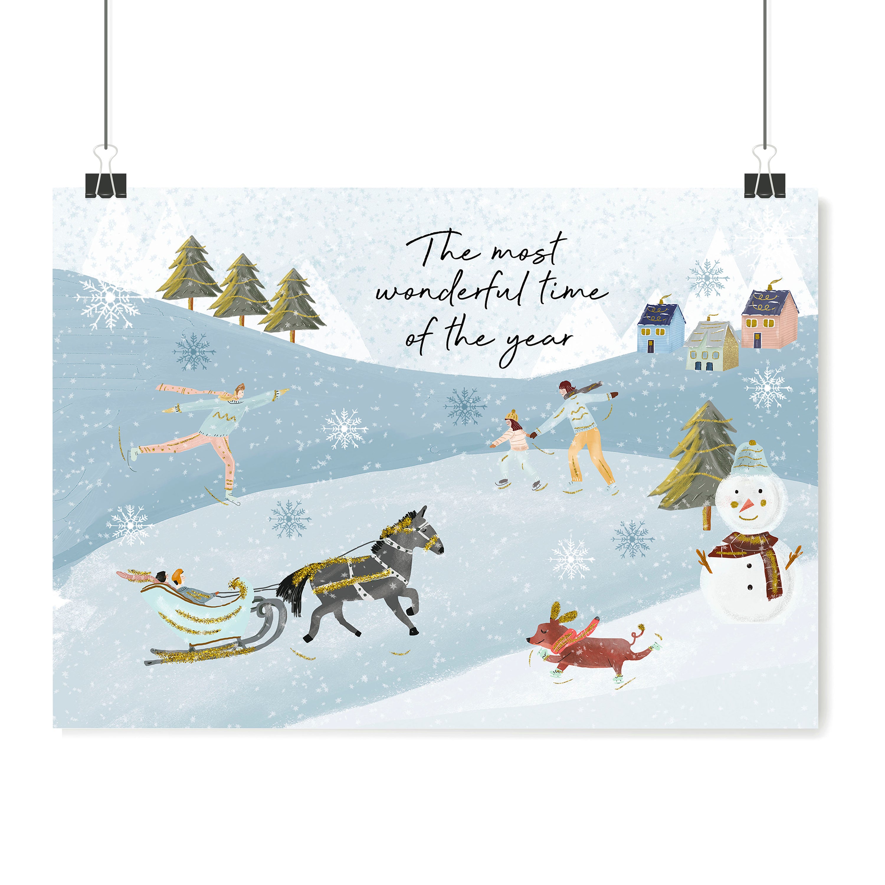 A beautiful Scandi Christmas decor wall art print featuring a serene watercolour landscape with snowy mountains and festive activities.