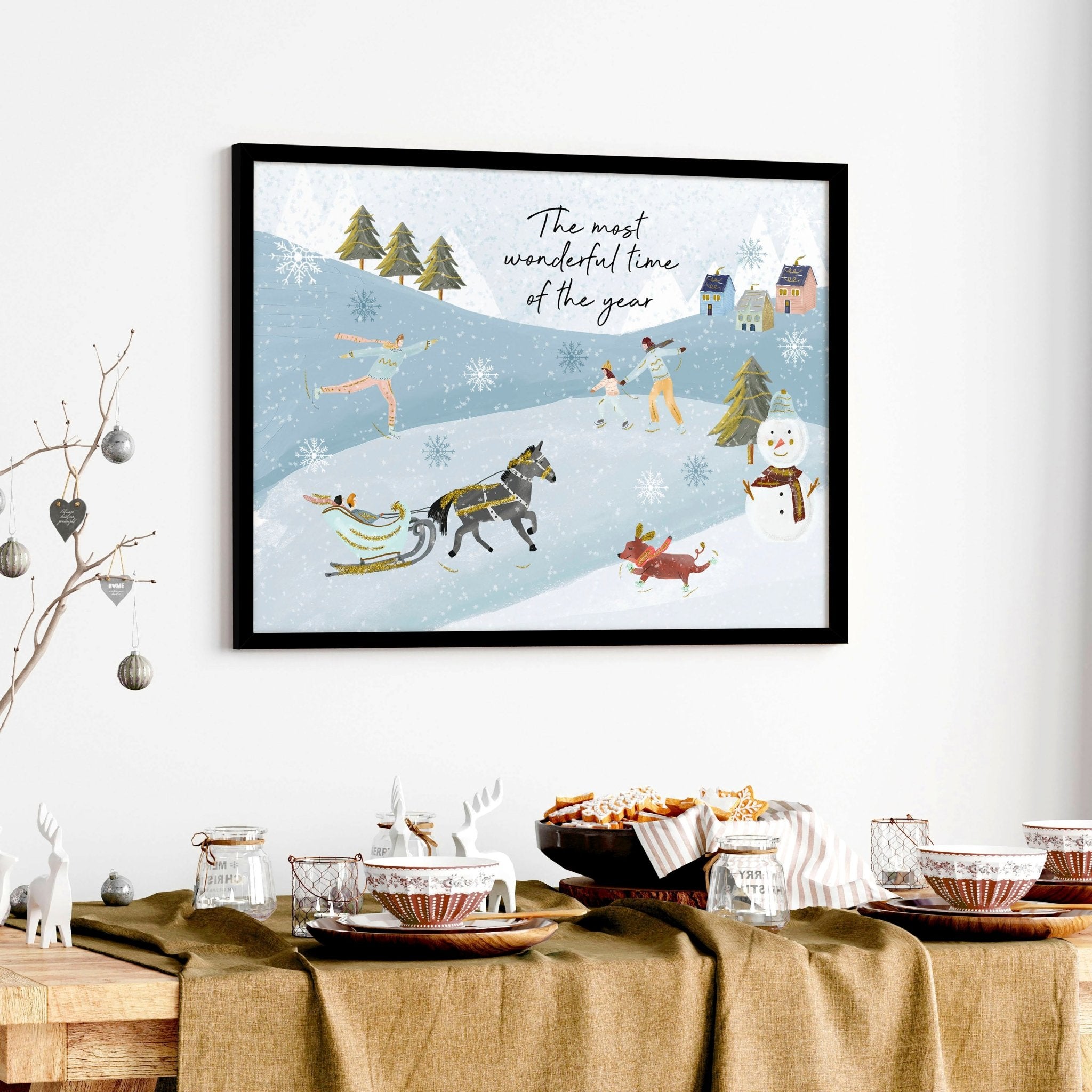 A beautiful Scandi Christmas decor wall art print featuring a serene watercolour landscape with snowy mountains and festive activities.