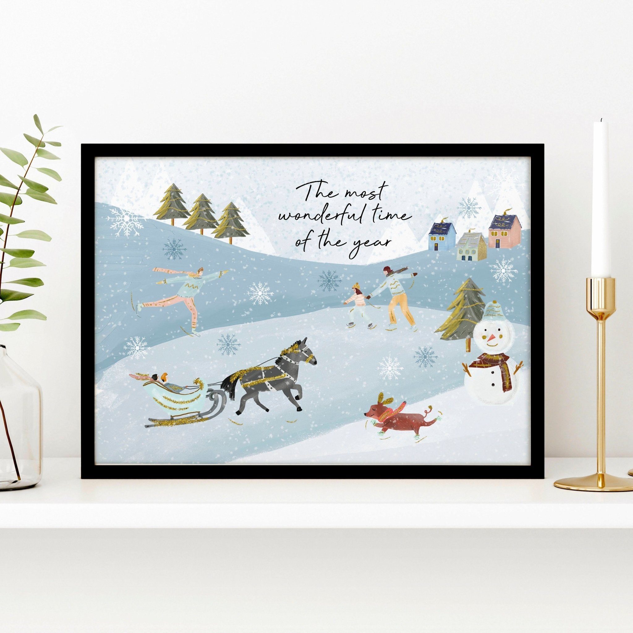 A beautiful Scandi Christmas decor wall art print featuring a serene watercolour landscape with snowy mountains and festive activities.