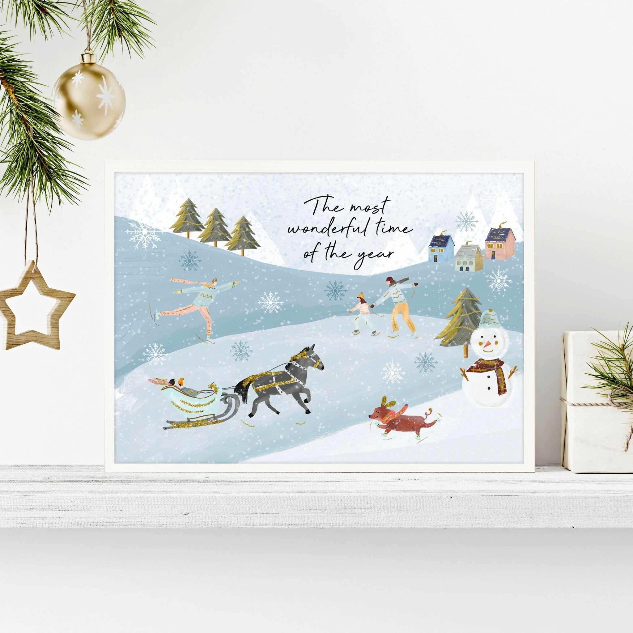 A beautiful Scandi Christmas decor wall art print featuring a serene watercolour landscape with snowy mountains and festive activities.