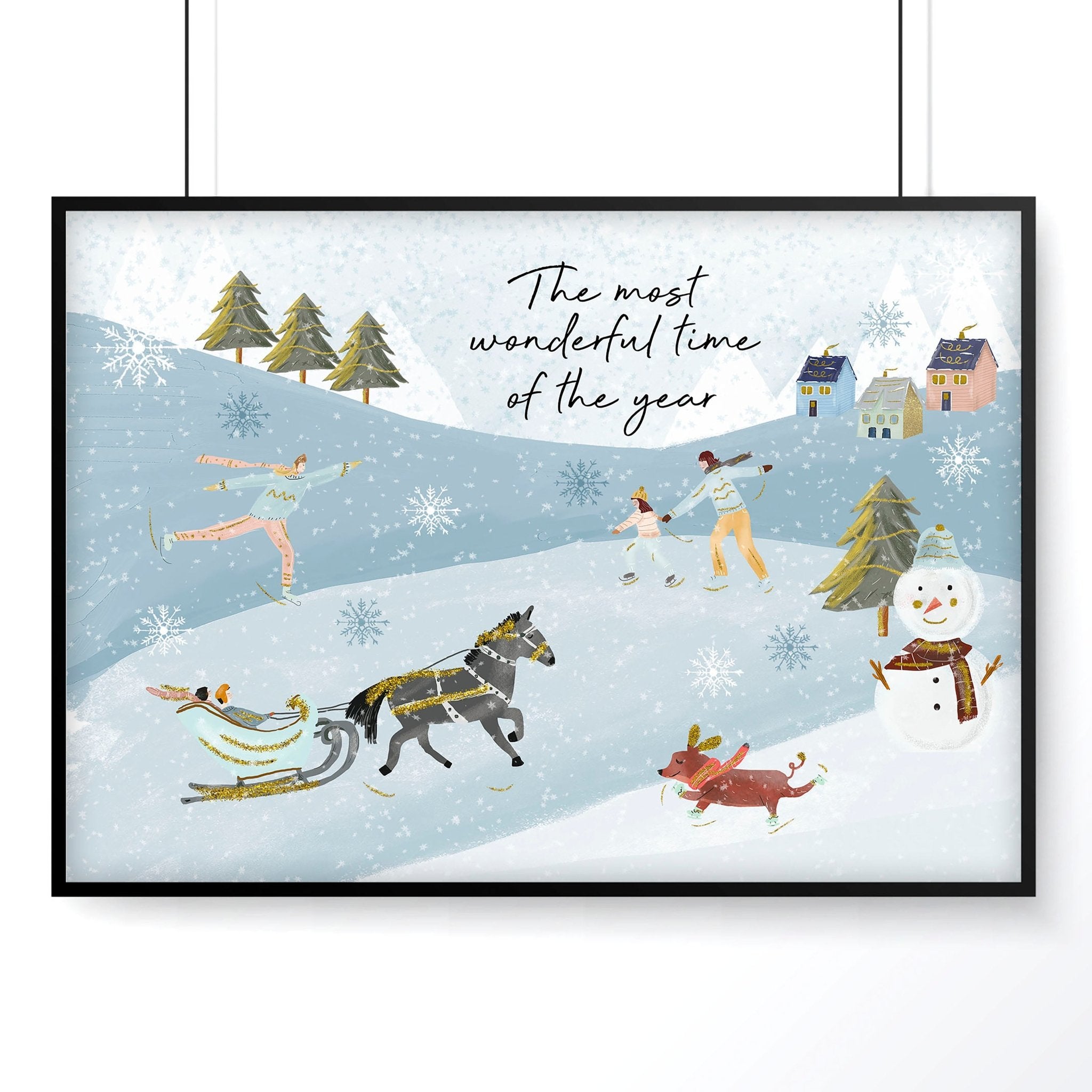 A beautiful Scandi Christmas decor wall art print featuring a serene watercolour landscape with snowy mountains and festive activities.