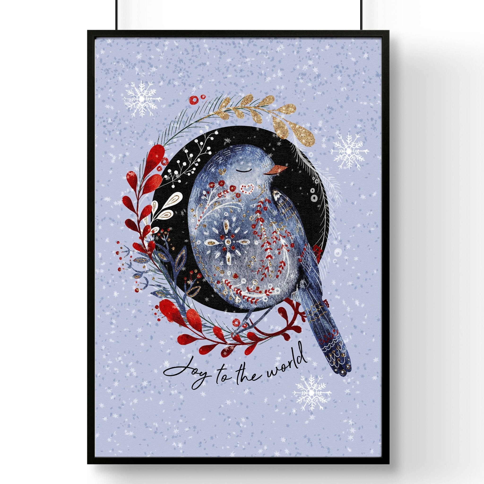 Scandi Christmas wall art print featuring a wreath with folk-style birds on a light blue snowed background.