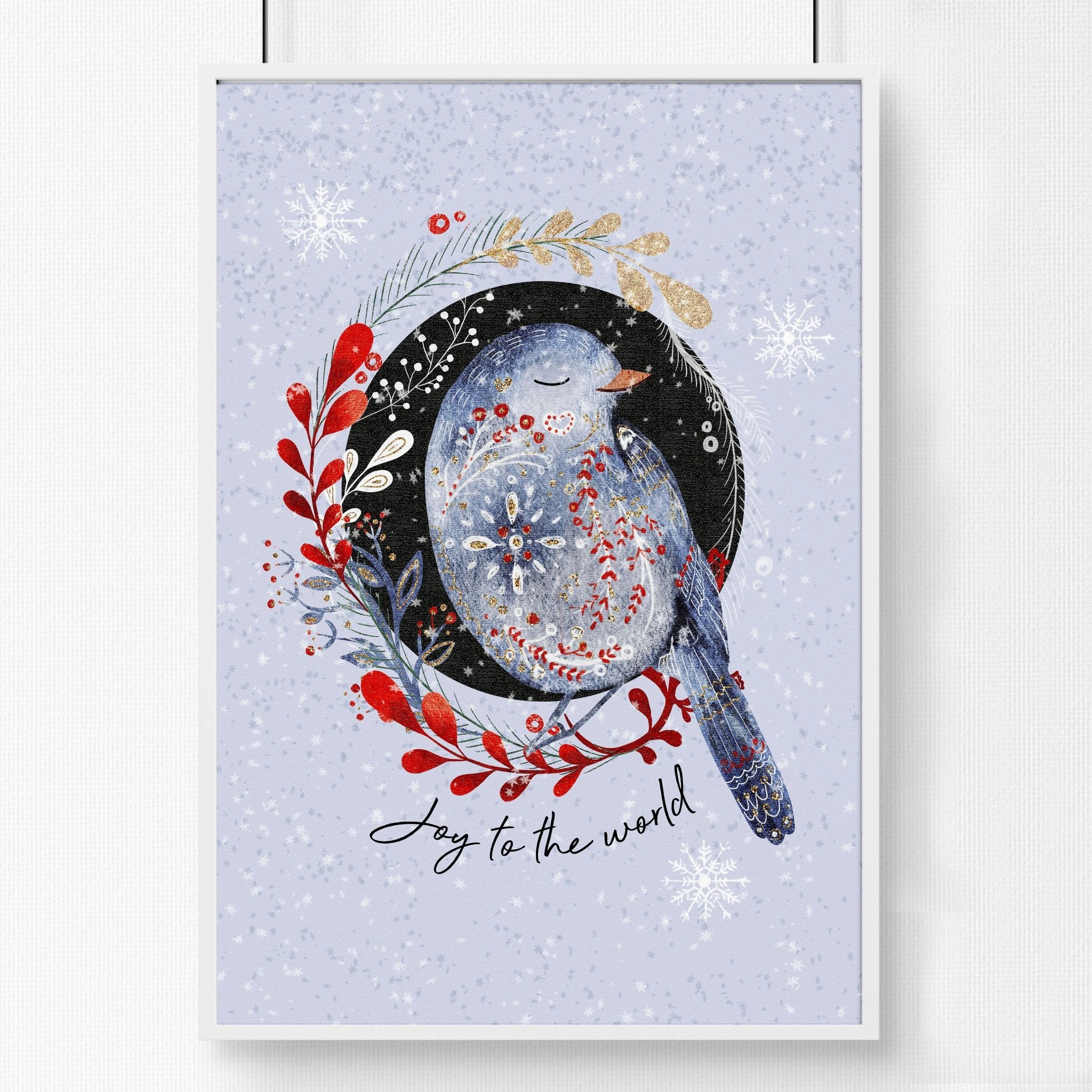 Scandi Christmas wall art print featuring a wreath with folk-style birds on a light blue snowed background.