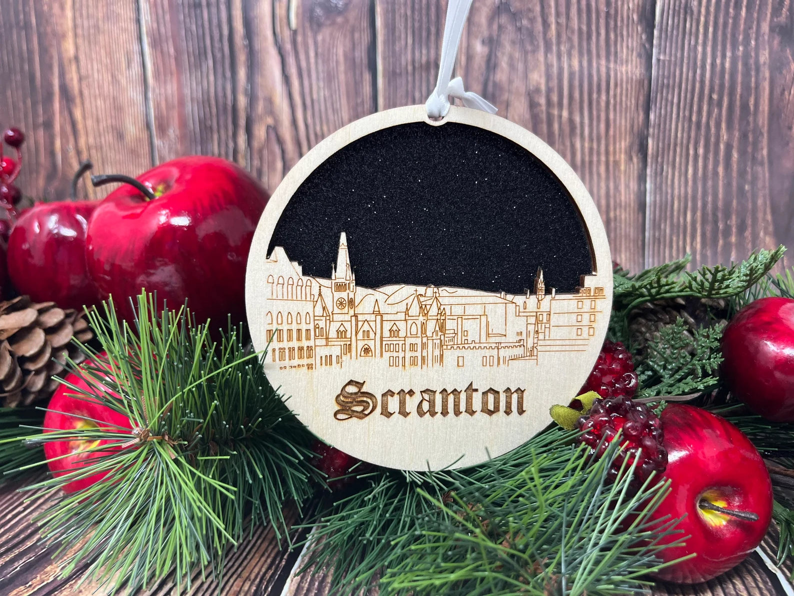 Scranton Skyline Ornament made from premium Baltic birch wood, showcasing intricate skyline design.