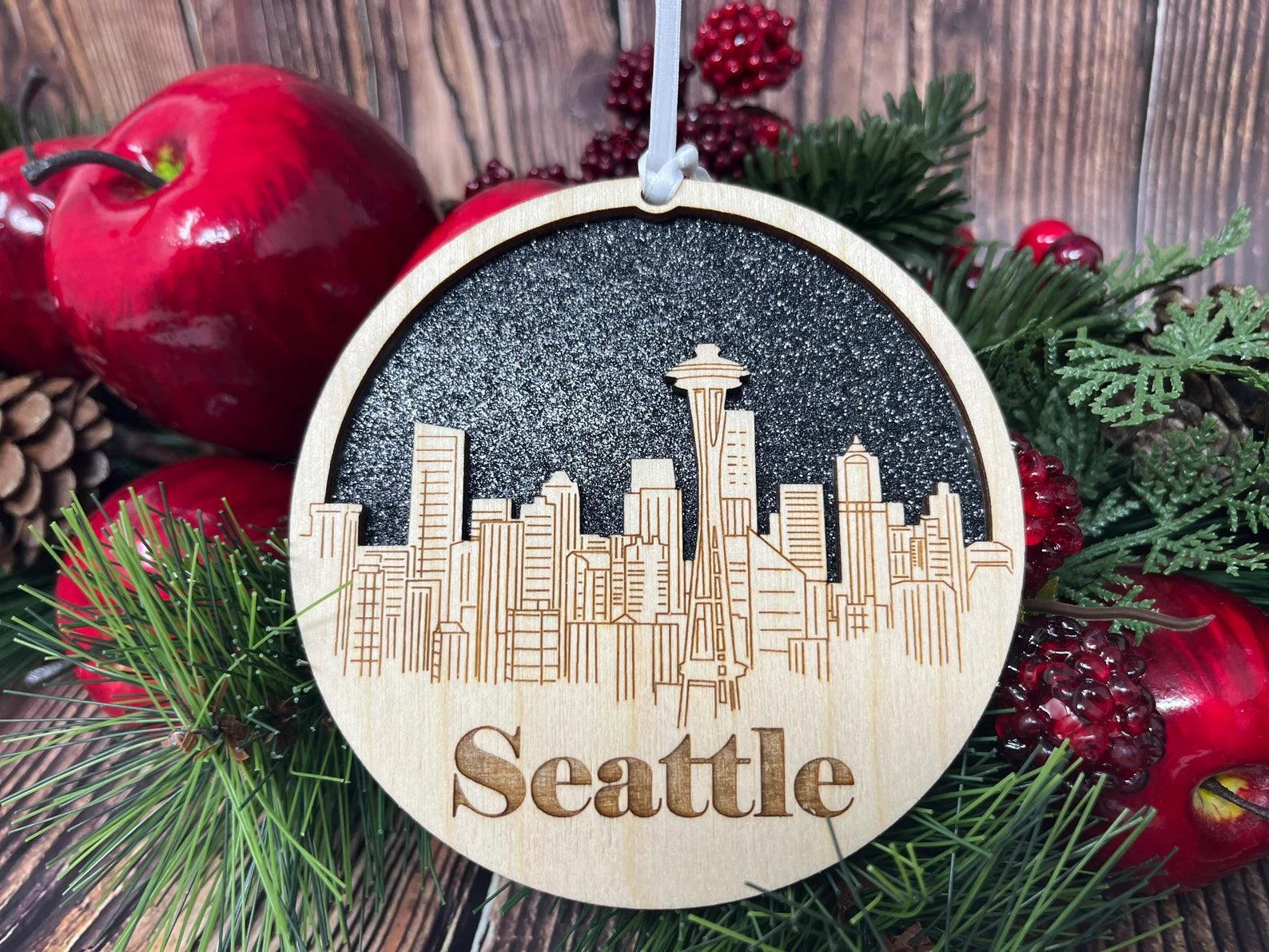 Seattle Skyline Ornament made from premium Baltic birch wood, showcasing the iconic skyline design.