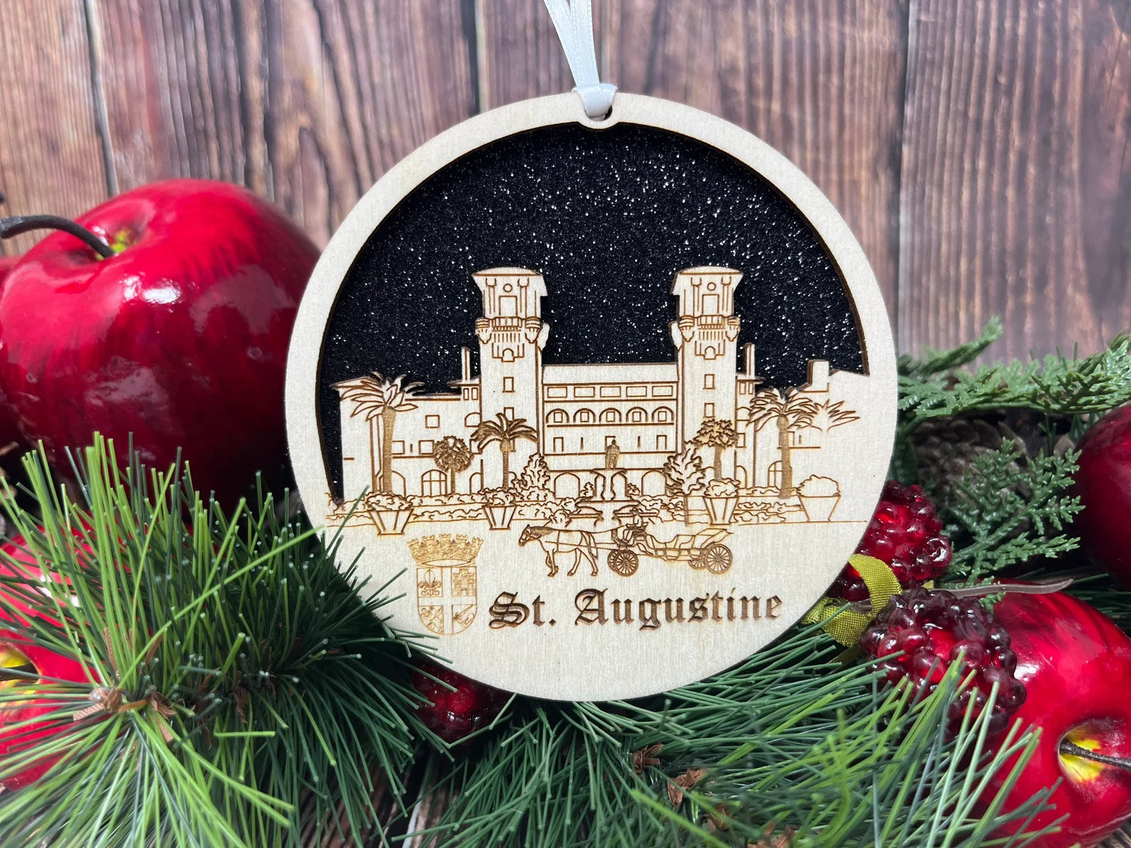 St. Augustine Skyline Ornament made from premium Baltic birch wood, showcasing the city's iconic skyline design.