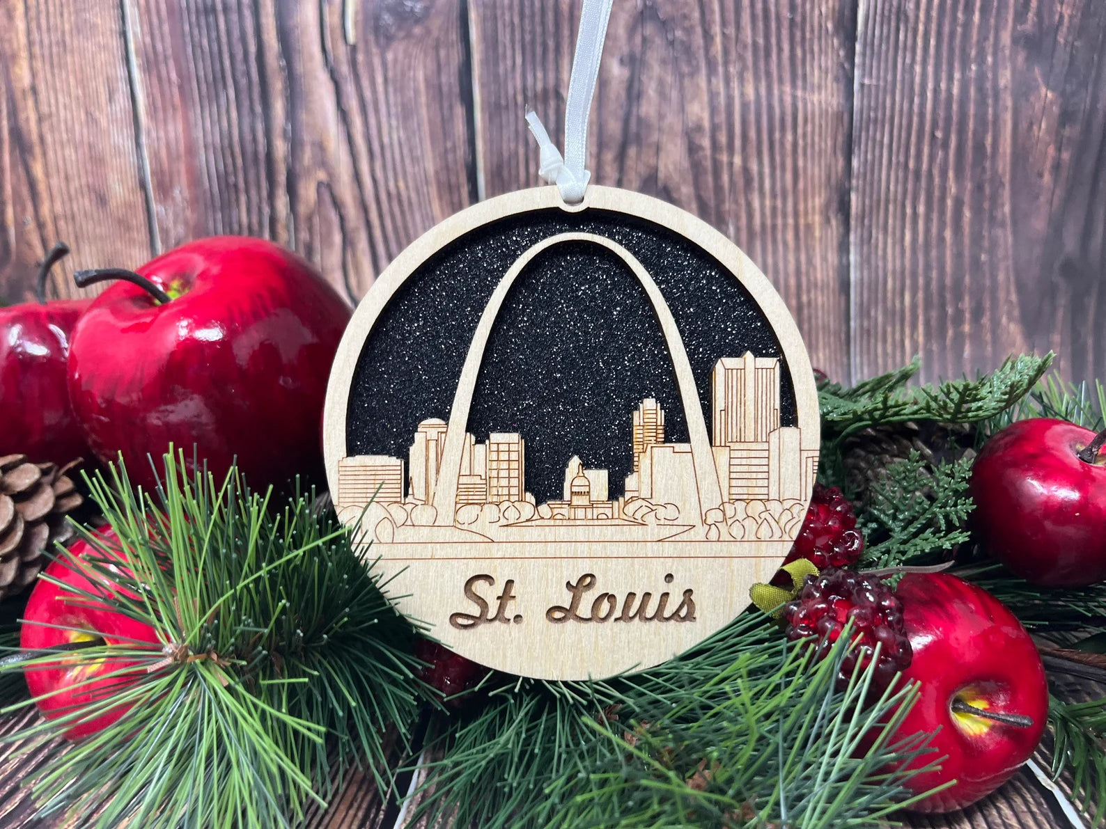 St. Louis Skyline Ornament made from premium Baltic birch wood, showcasing the iconic skyline design.