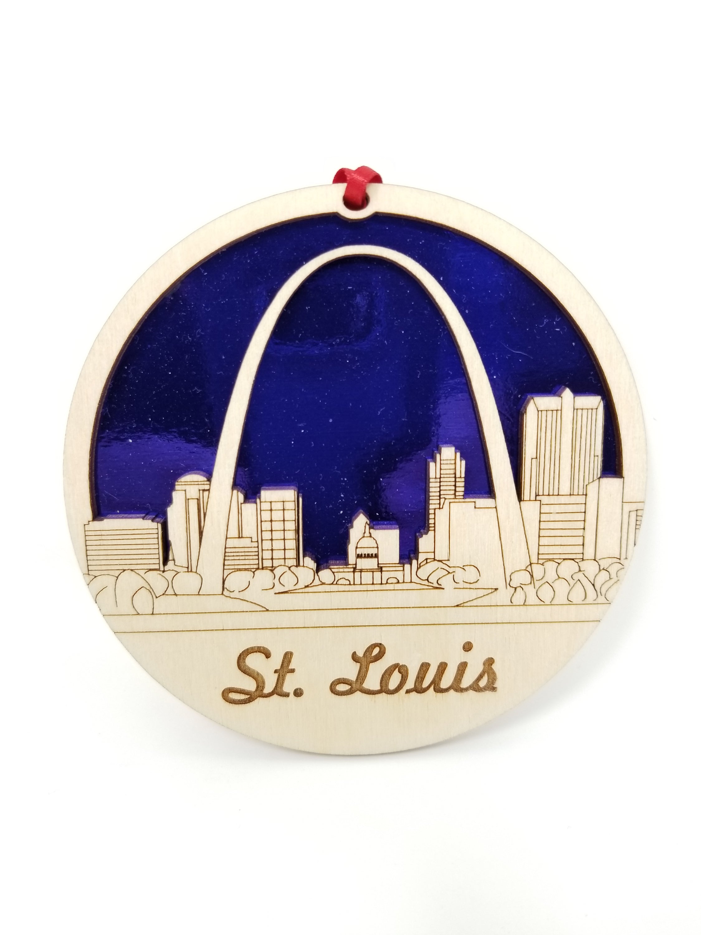 St. Louis Skyline Ornament made from premium Baltic birch wood, showcasing the iconic skyline design.