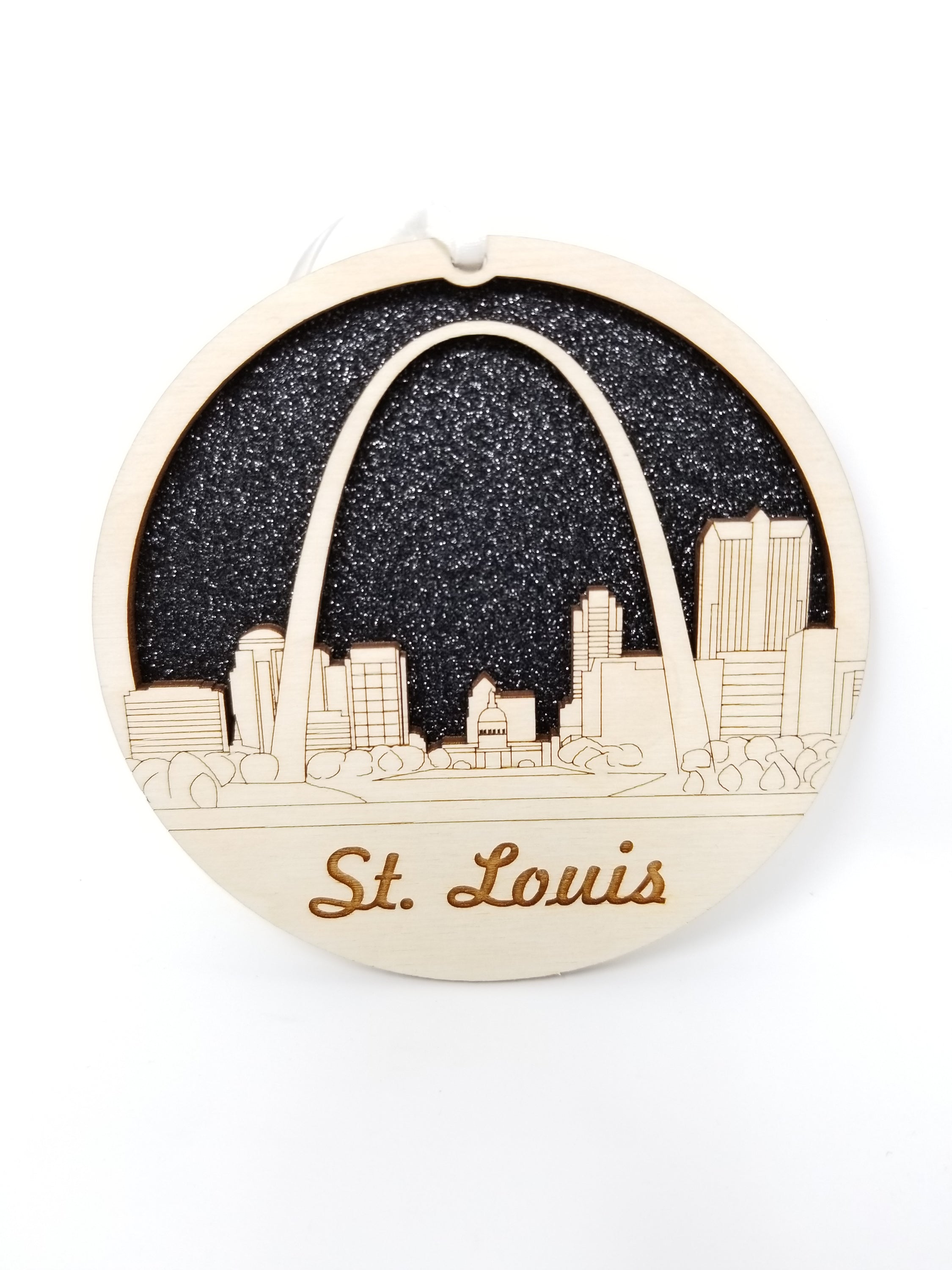 St. Louis Skyline Ornament made from premium Baltic birch wood, showcasing the iconic skyline design.