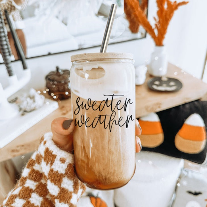 Sweater Weather Cup with bamboo lid and stainless steel straws, showcasing its elegant design and functionality.