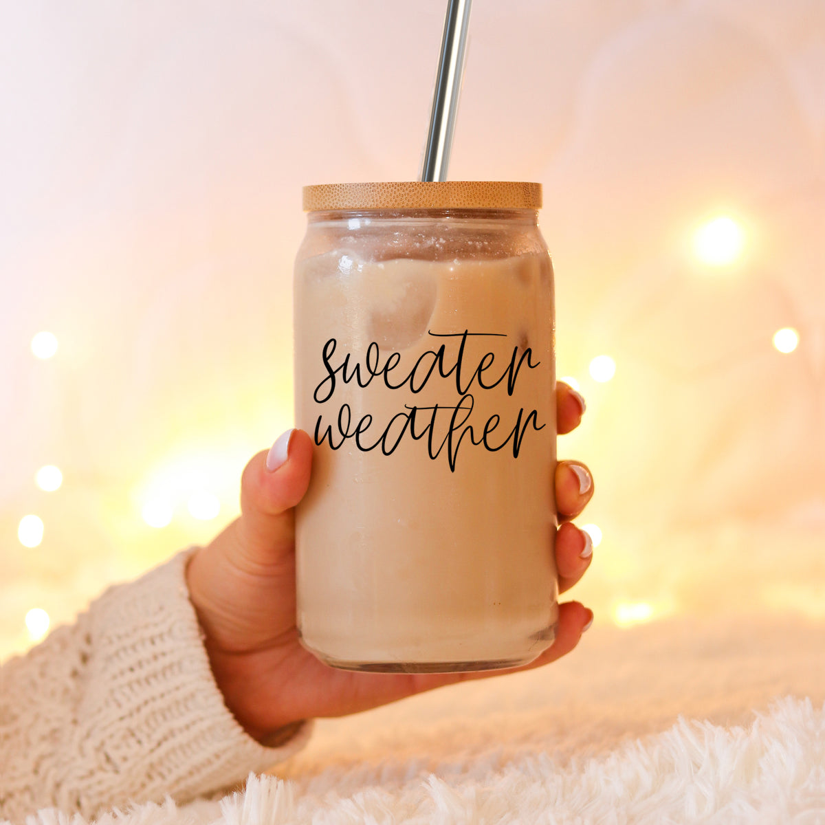 Sweater Weather Cup with bamboo lid and stainless steel straws, showcasing its elegant design and functionality.