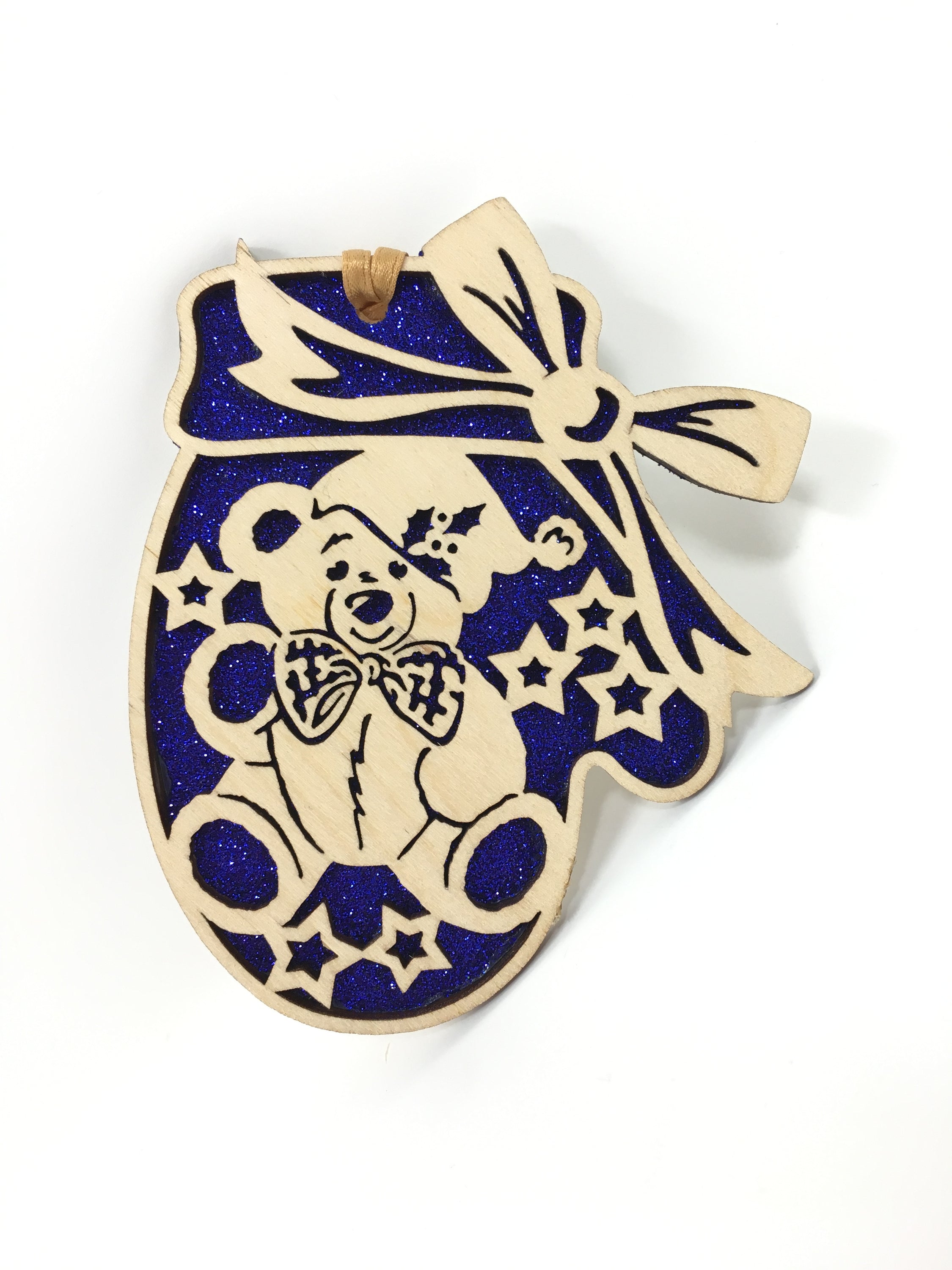 A beautifully crafted Teddy Bear Mitten ornament made from premium Baltic Birch wood, showcasing intricate laser-cut details.