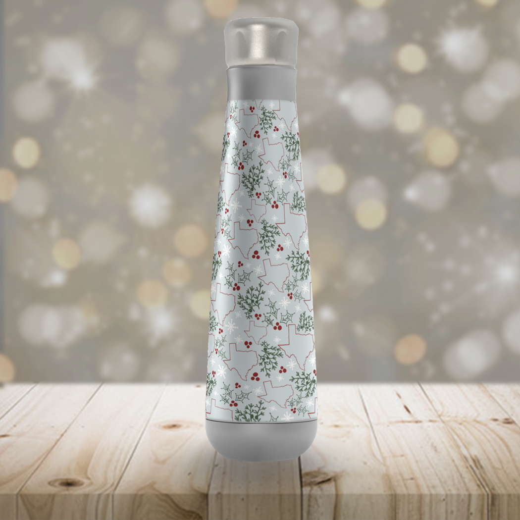 Texas Christmas Peristyle Water Bottle in stainless steel, showcasing its sleek design and screw-on lid, perfect for hot or cold beverages.