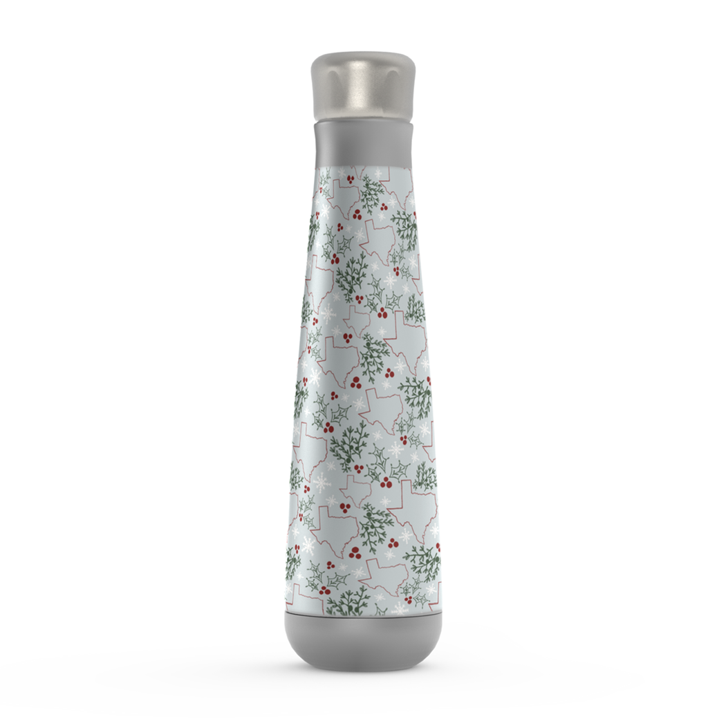 Texas Christmas Peristyle Water Bottle in stainless steel, showcasing its sleek design and screw-on lid, perfect for hot or cold beverages.