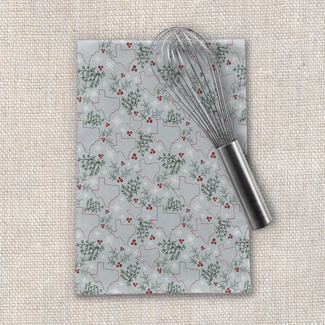 Texas Christmas Tea Towel featuring festive designs, made of durable cotton twill, measuring 18x30 inches, perfect for holiday kitchen decor.