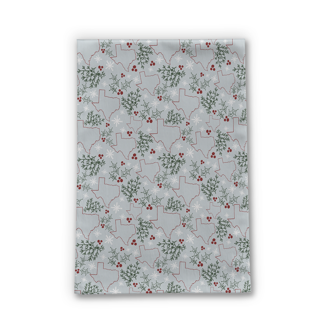 Texas Christmas Tea Towel featuring festive designs, made of durable cotton twill, measuring 18x30 inches, perfect for holiday kitchen decor.