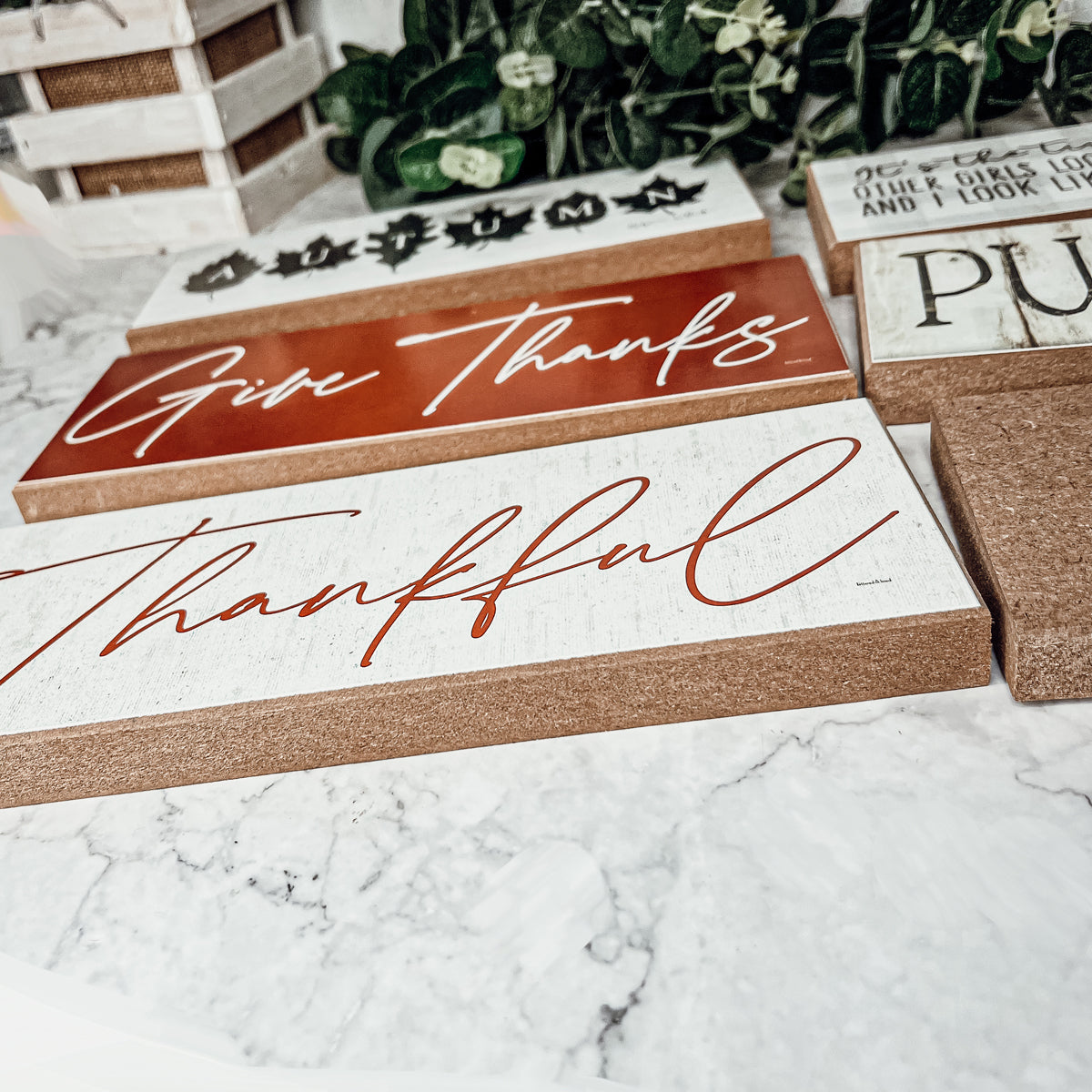 Two rustic wooden signs with 'Give Thanks' and 'Thankful' in elegant script, perfect for home decor.