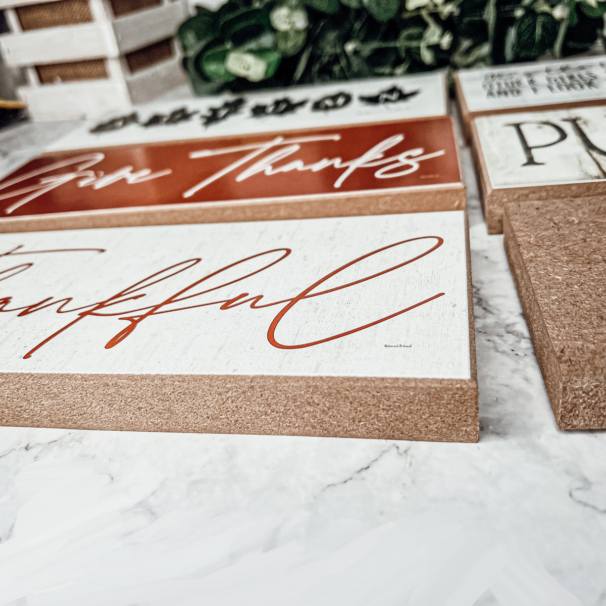 Two rustic wooden signs with 'Give Thanks' and 'Thankful' in elegant script, perfect for home decor.