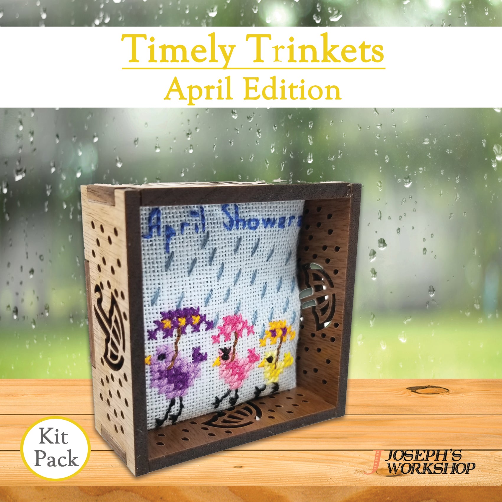 Timely Trinkets (April) collection featuring unique designs, fabric, threads, and needle in a beautifully packaged kit.