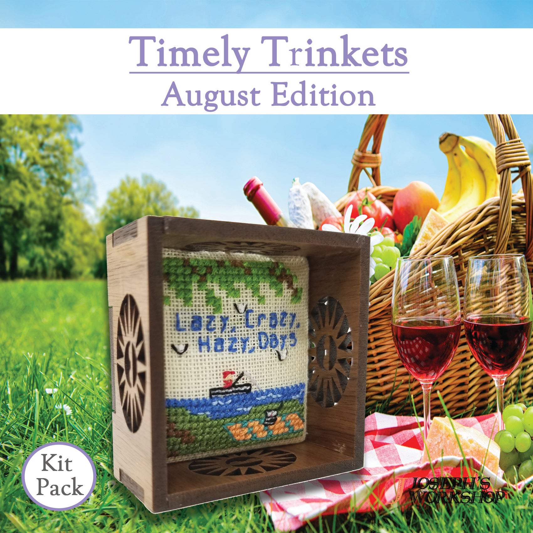 Timely Trinkets (August) collection featuring 12 unique designs, including fabric, threads, and needle in a beautifully packaged kit.