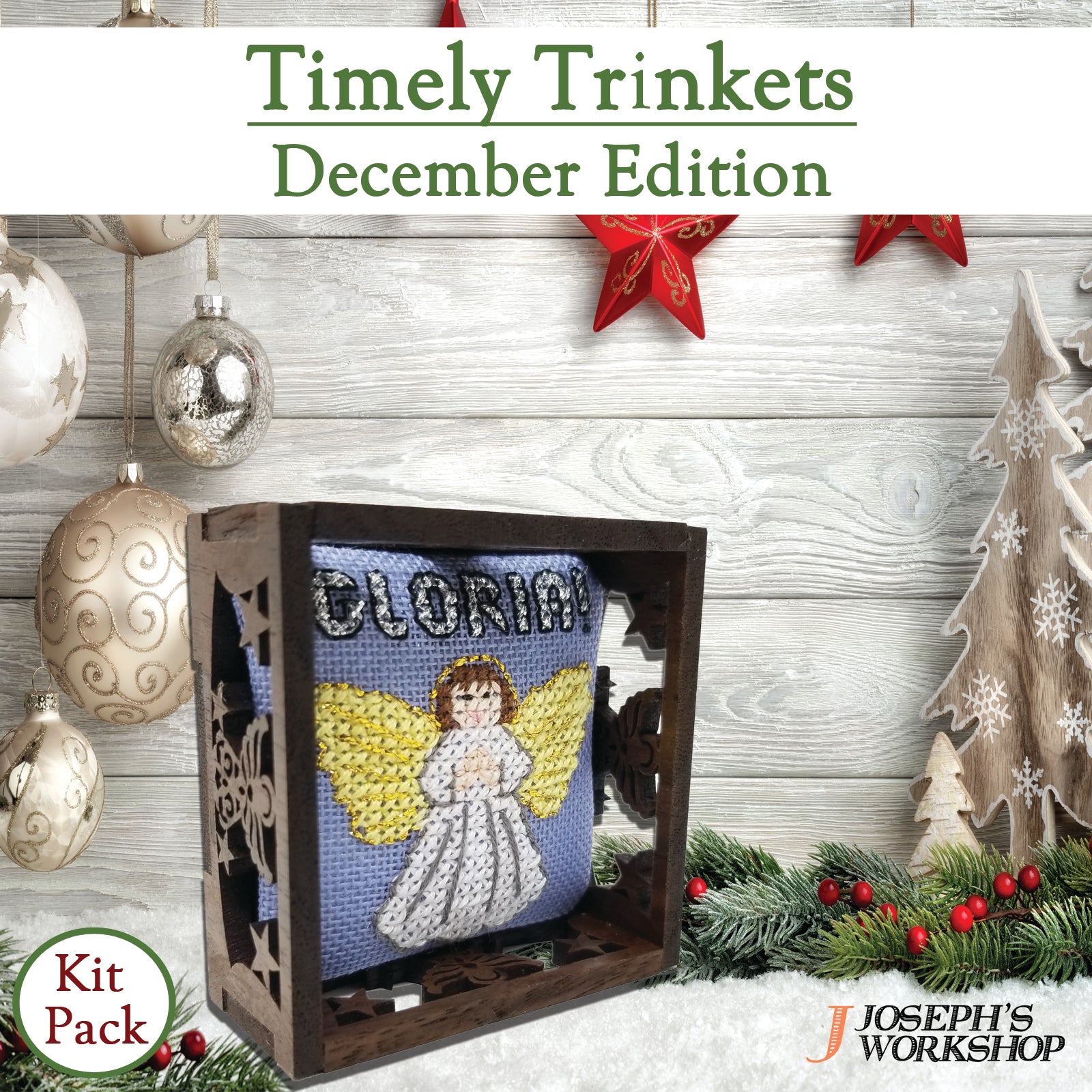 Timely Trinkets collection featuring 12 unique designs by Suzzanne Brakefield, showcasing a beautifully crafted box and fabric.