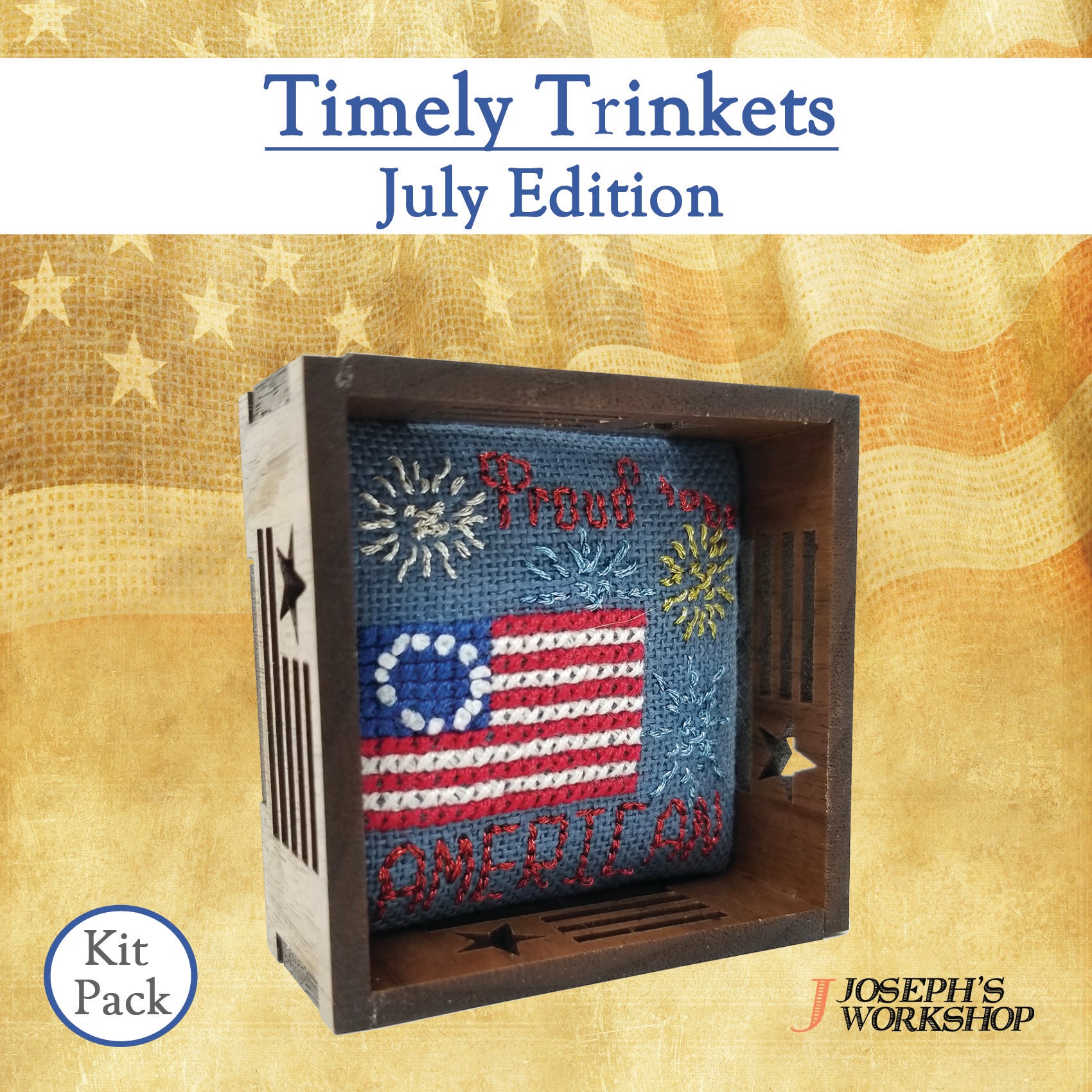 Timely Trinkets (July) collection featuring 12 unique designs, including fabric, threads, and a needle, beautifully packaged.