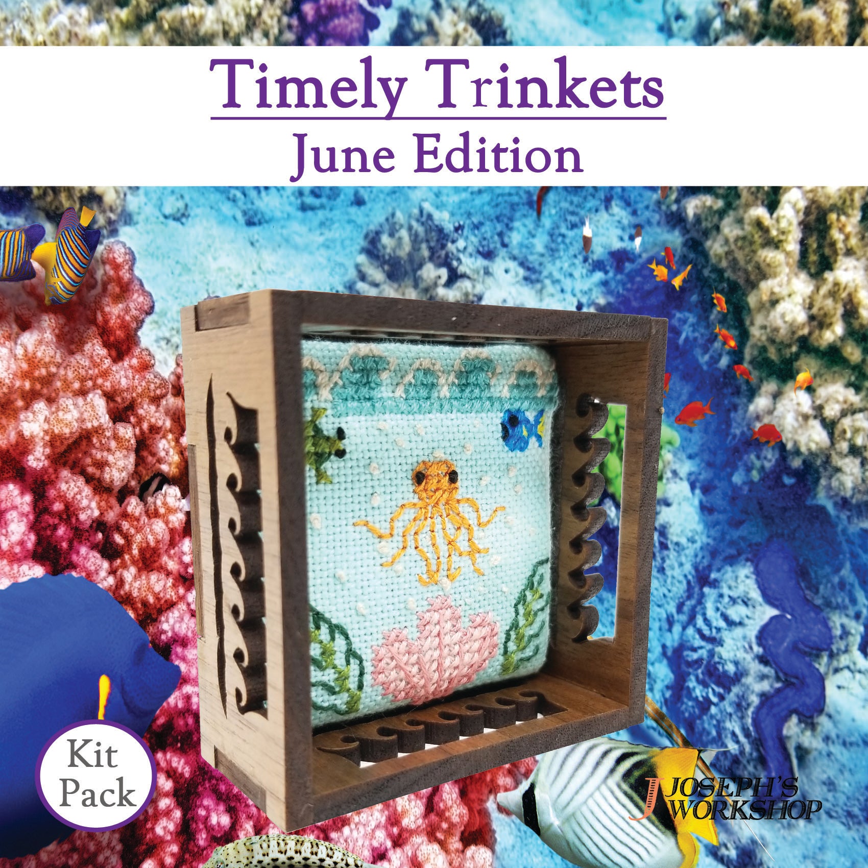 Timely Trinkets (June) collection featuring unique designs, fabric, threads, and needle in a beautifully packaged kit.