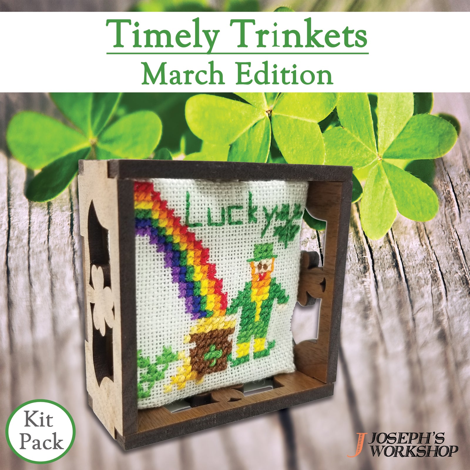 Timely Trinkets (March) collection featuring unique designs, fabric, threads, and needle in a beautifully packaged box.