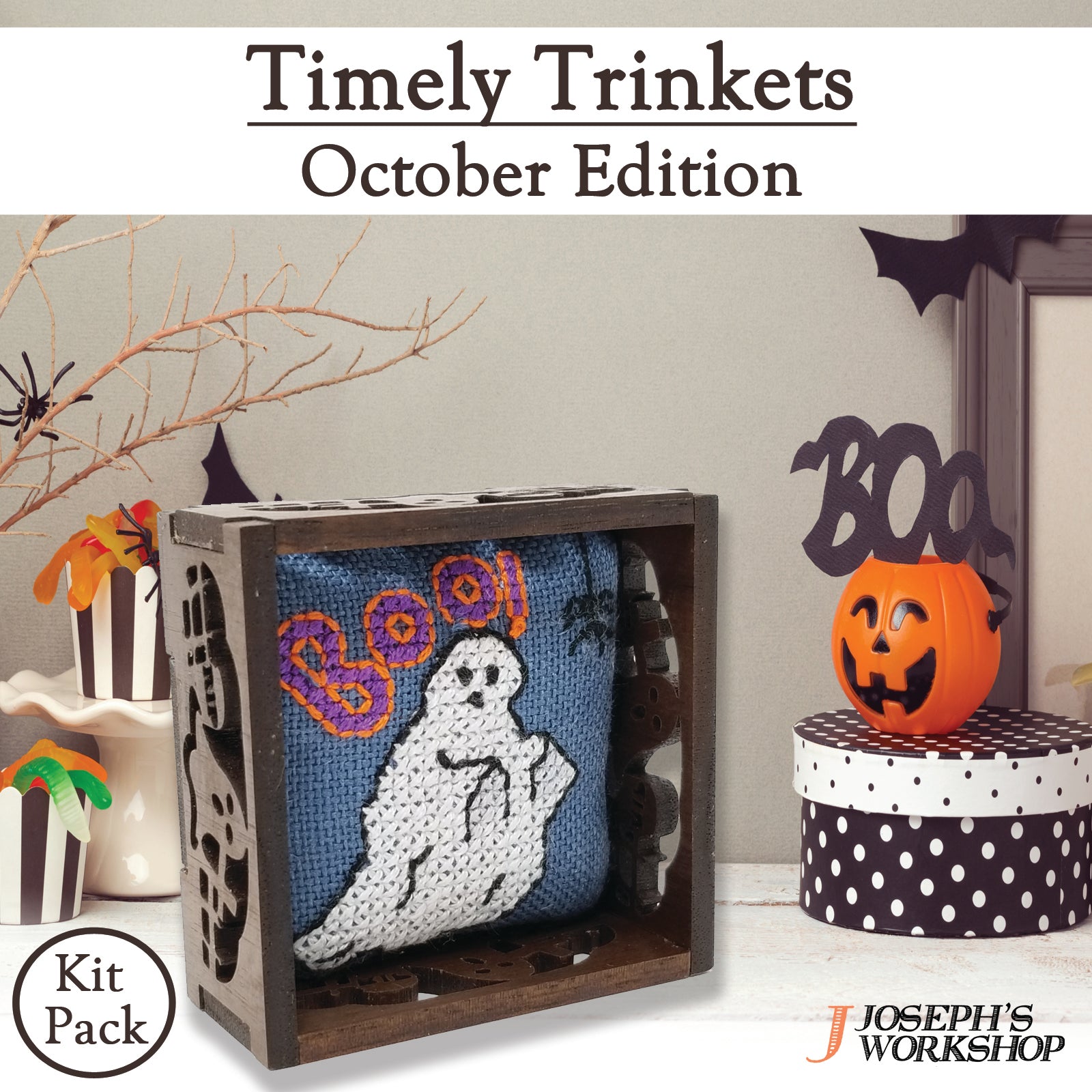 Timely Trinkets collection featuring 12 unique designs by Suzzanne Brakefield, including fabric, threads, and needle in a beautifully packaged box.