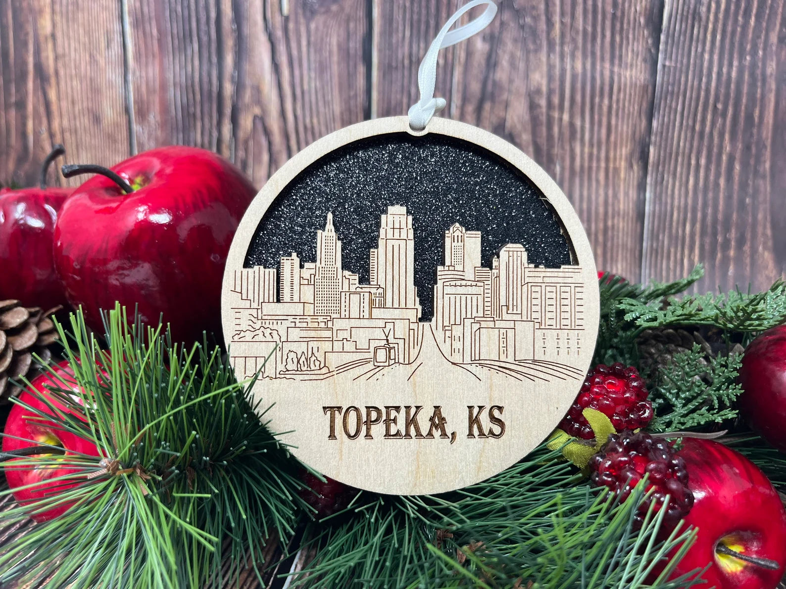 Topeka Skyline Ornament made from premium Baltic birch wood, showcasing intricate skyline design.